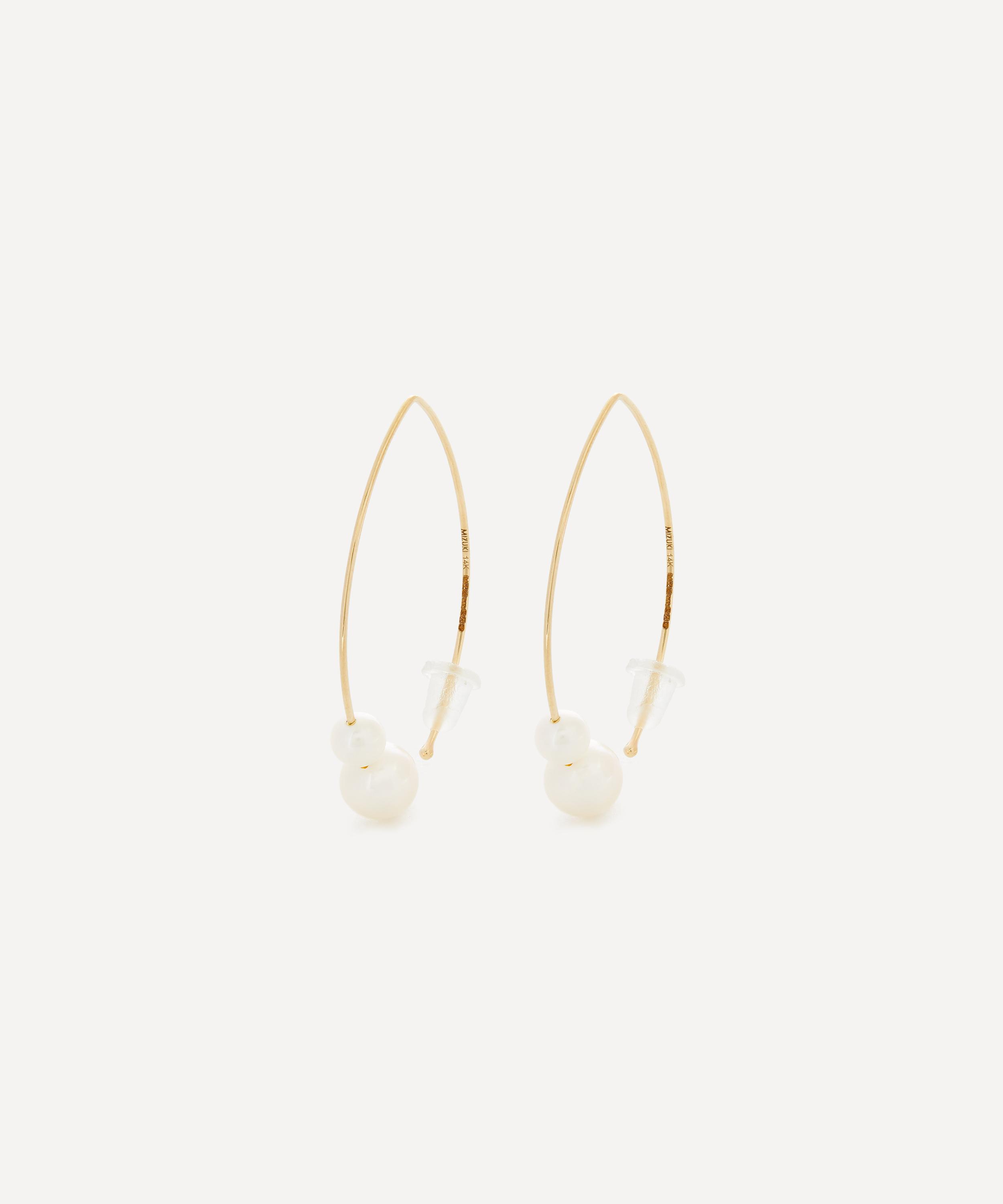 Mizuki - 14ct Gold Medium Double Pearl Open Marquise Drop Earrings