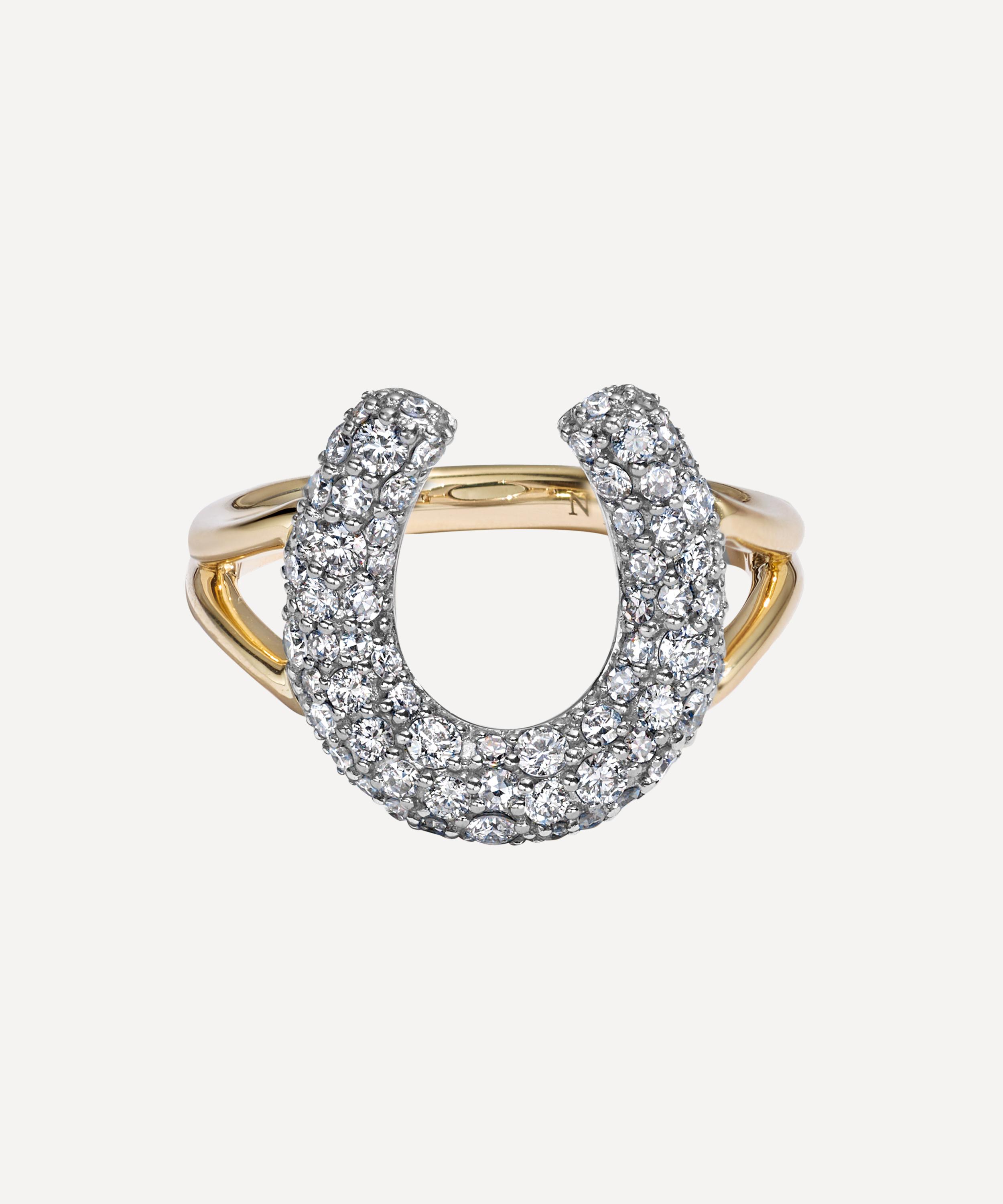 Lucy Delius - 14ct Gold Antique Finish Diamond Pavé Horseshoe Ring image number 0