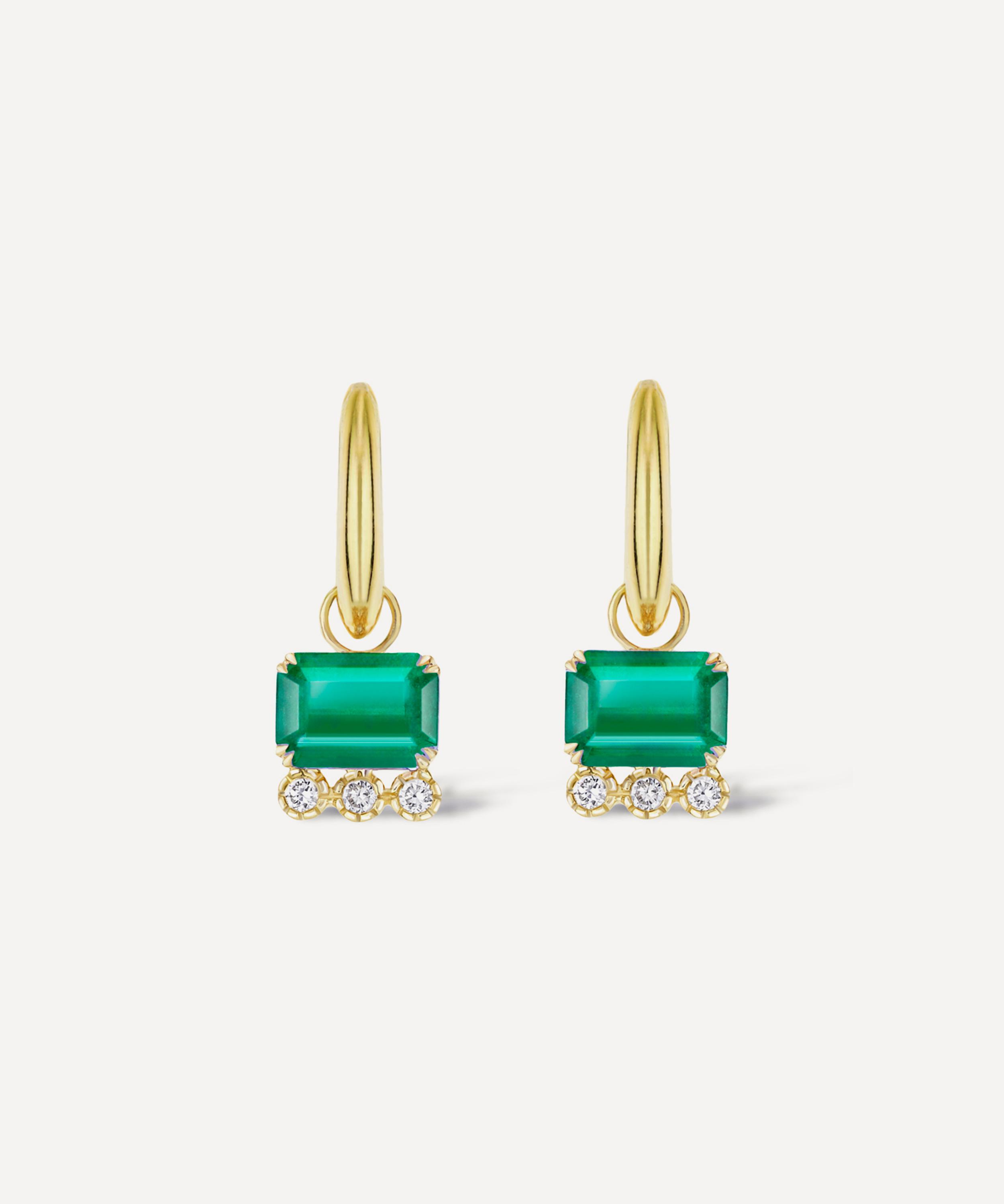 Dinny Hall - 14ct Gold Wildflower Betony Emerald and Diamond Drop Hoop Earrings image number 0