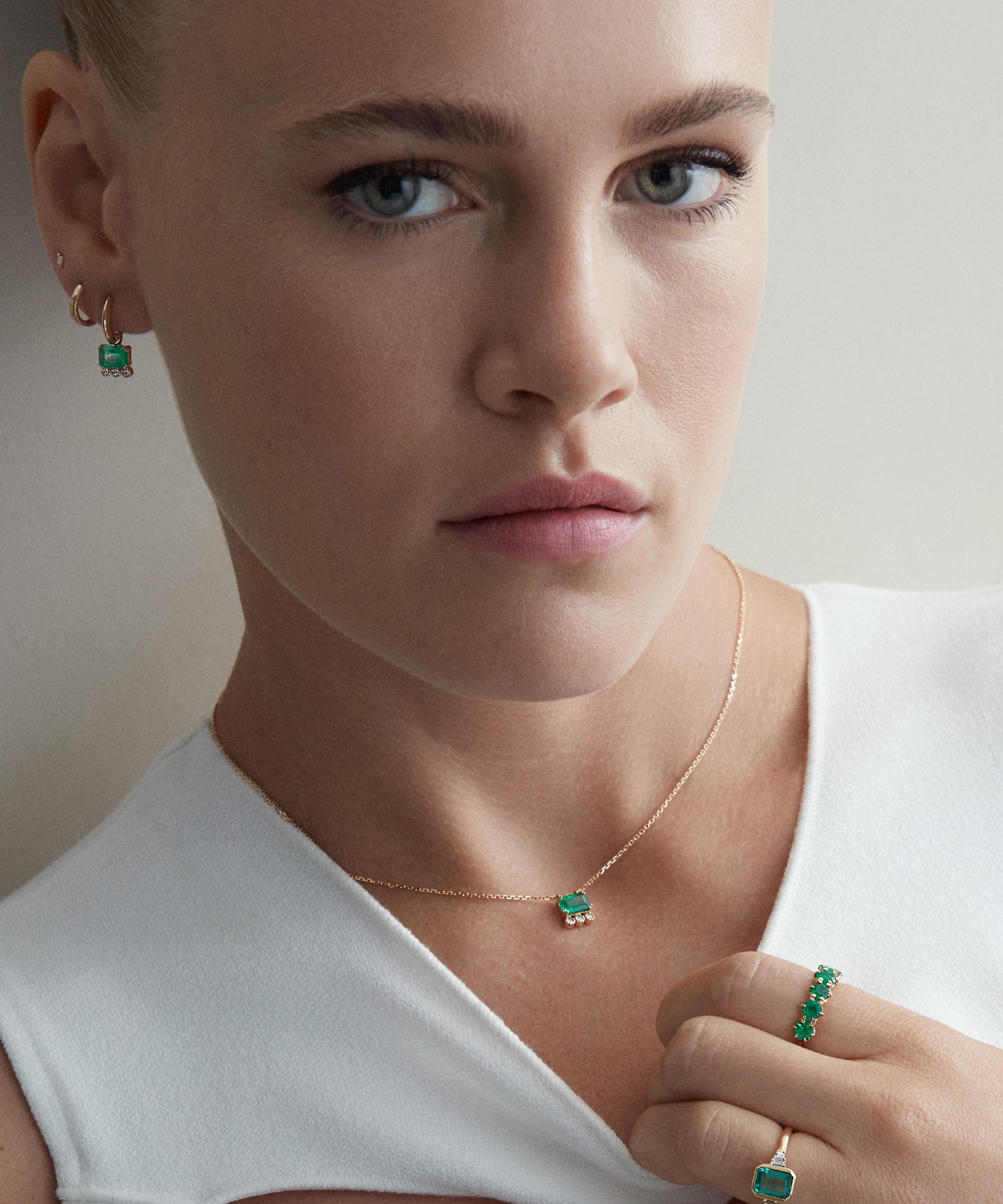 Dinny Hall - 14ct Gold Wildflower Betony Emerald and Diamond Drop Hoop Earrings image number 1