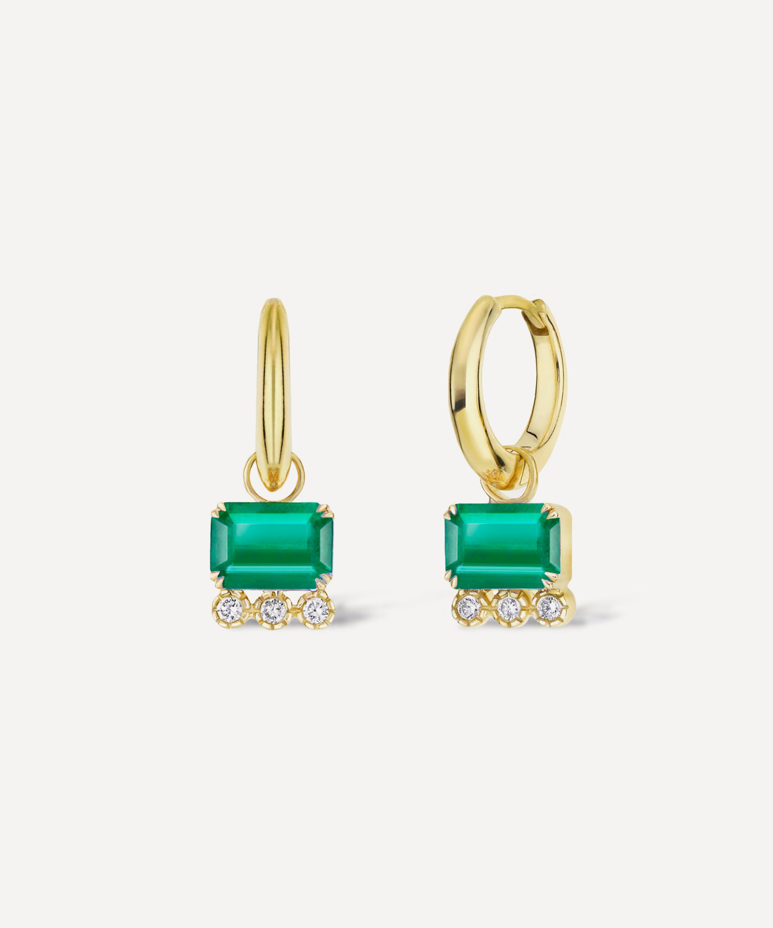 Dinny Hall - 14ct Gold Wildflower Betony Emerald and Diamond Drop Hoop Earrings image number 2
