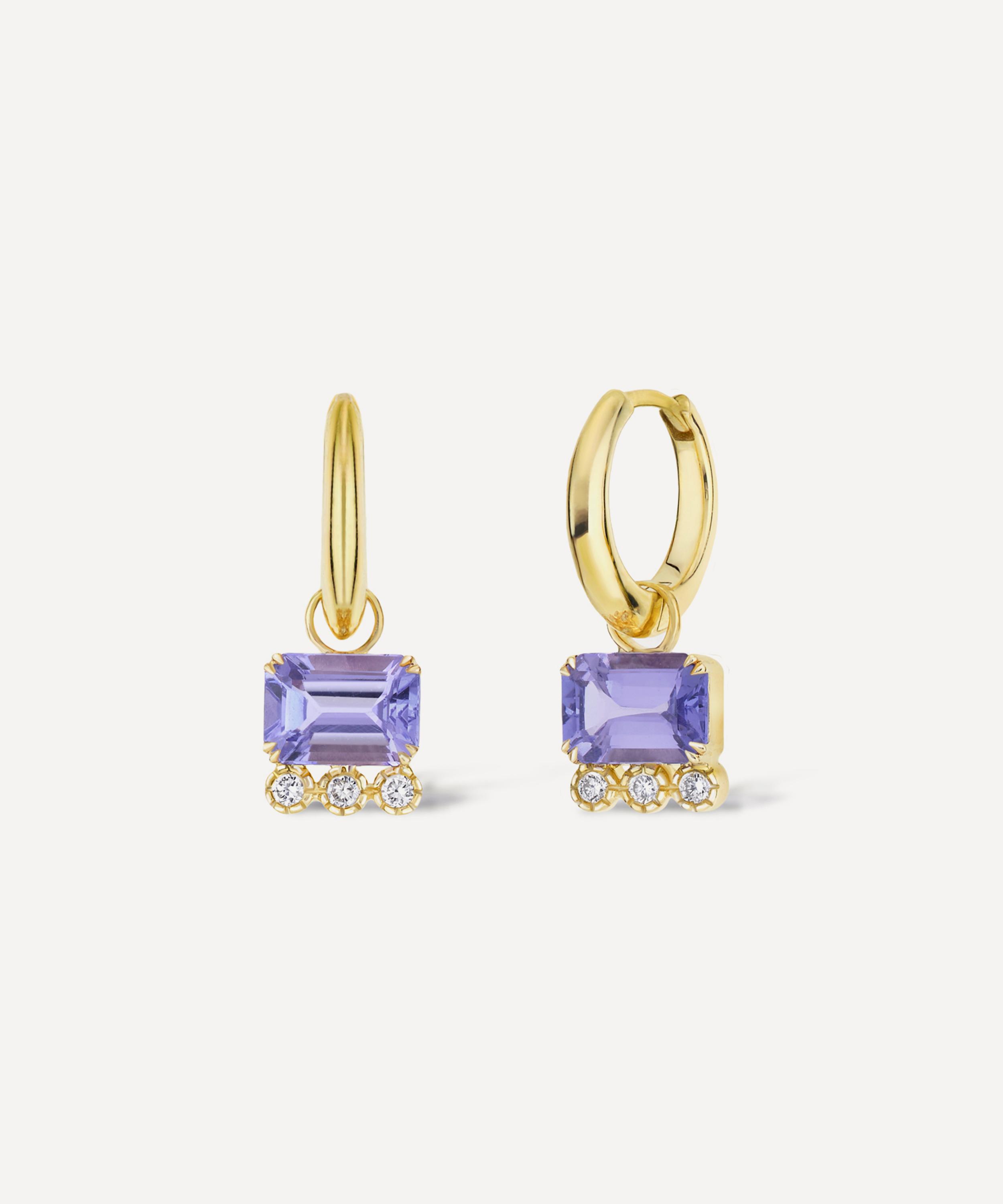Dinny Hall - 14ct Gold Wildflower Betony Tanzanite and Diamond Drop Hoop Earrings image number 2