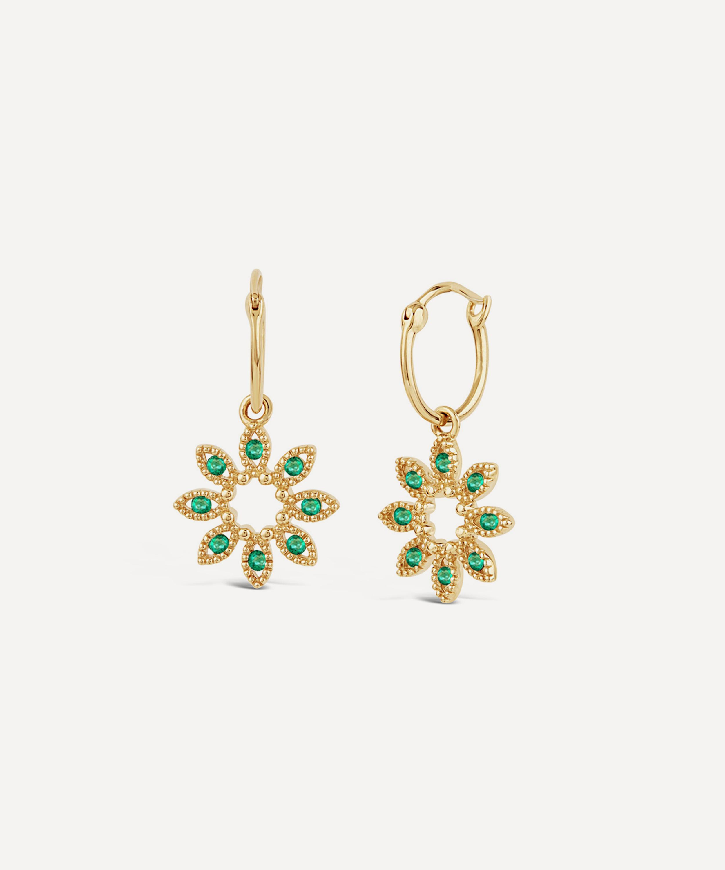 Dinny Hall - 14ct Gold Jasmine Flower Emerald Drop Hoop Earrings image number 0