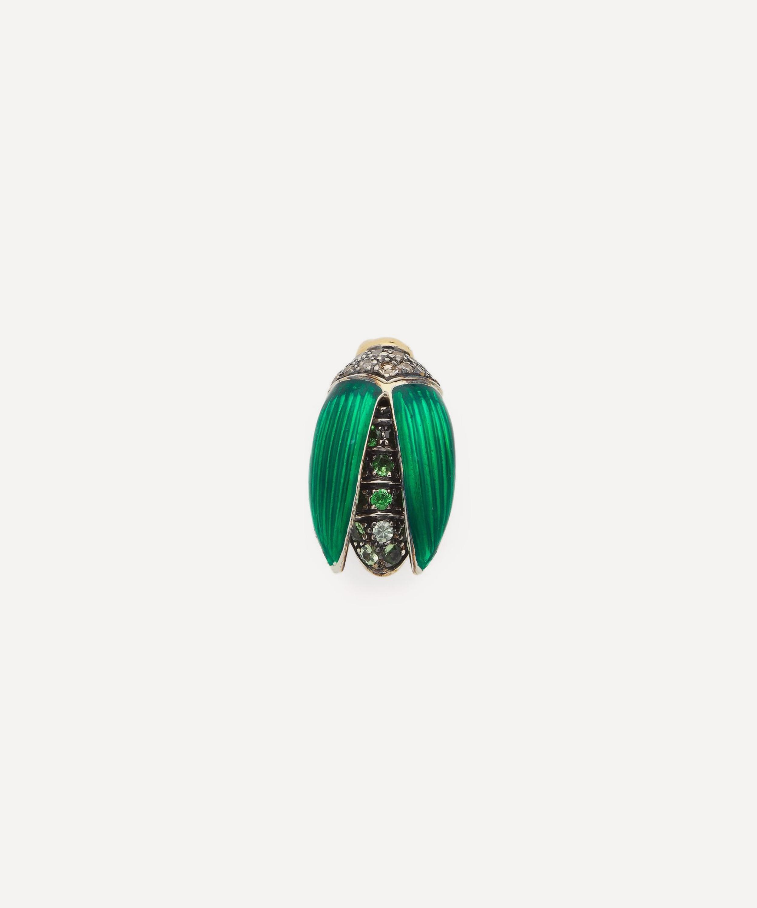 Bibi van der Velden - 18ct Gold Mini Scarab Green Enamel Fly Wing Stud Earring image number 0