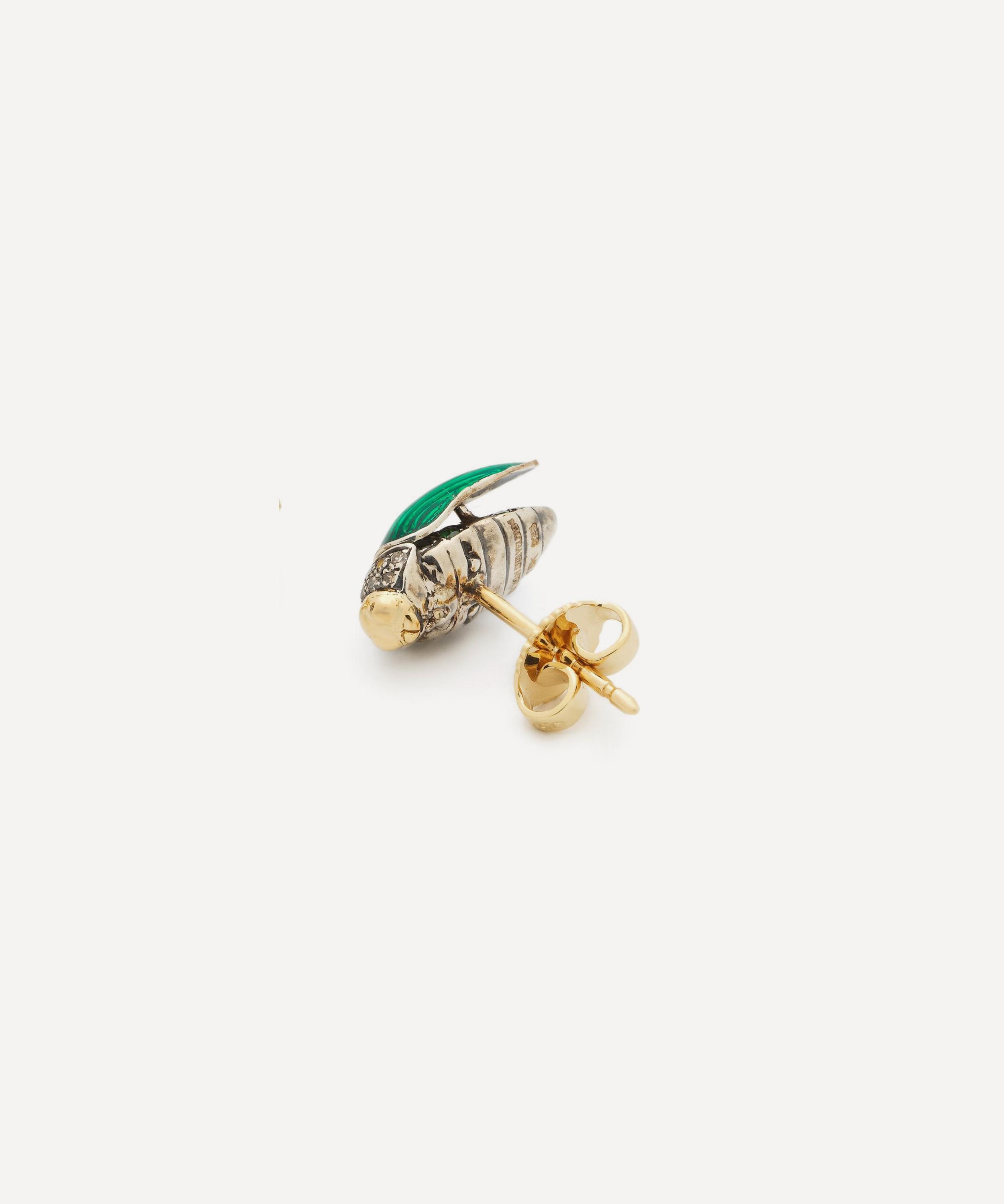 Bibi van der Velden - 18ct Gold Mini Scarab Green Enamel Fly Wing Stud Earring image number 2
