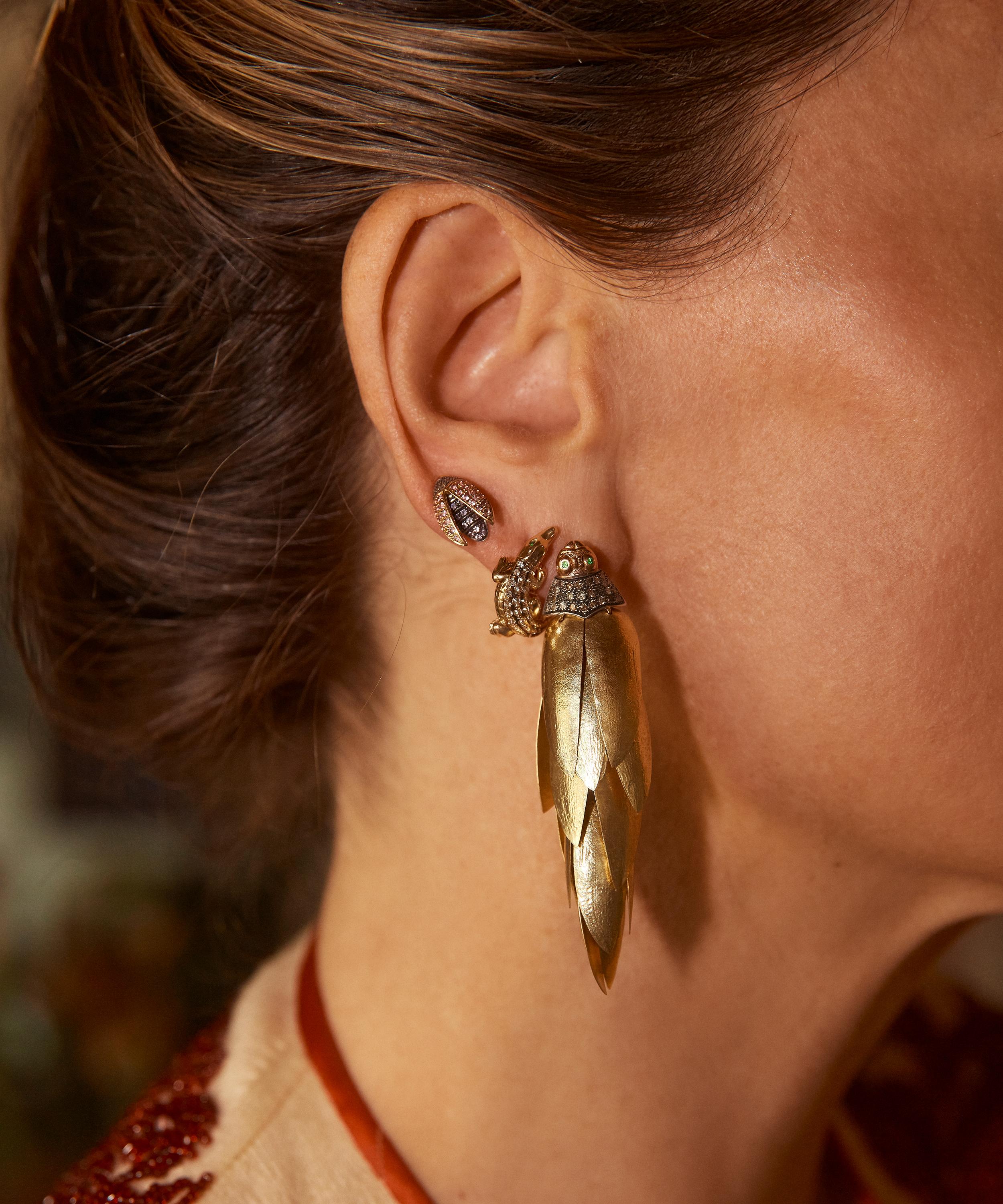 Bibi van der Velden - 18ct Gold Scarab Bunch Drop Earring image number 1