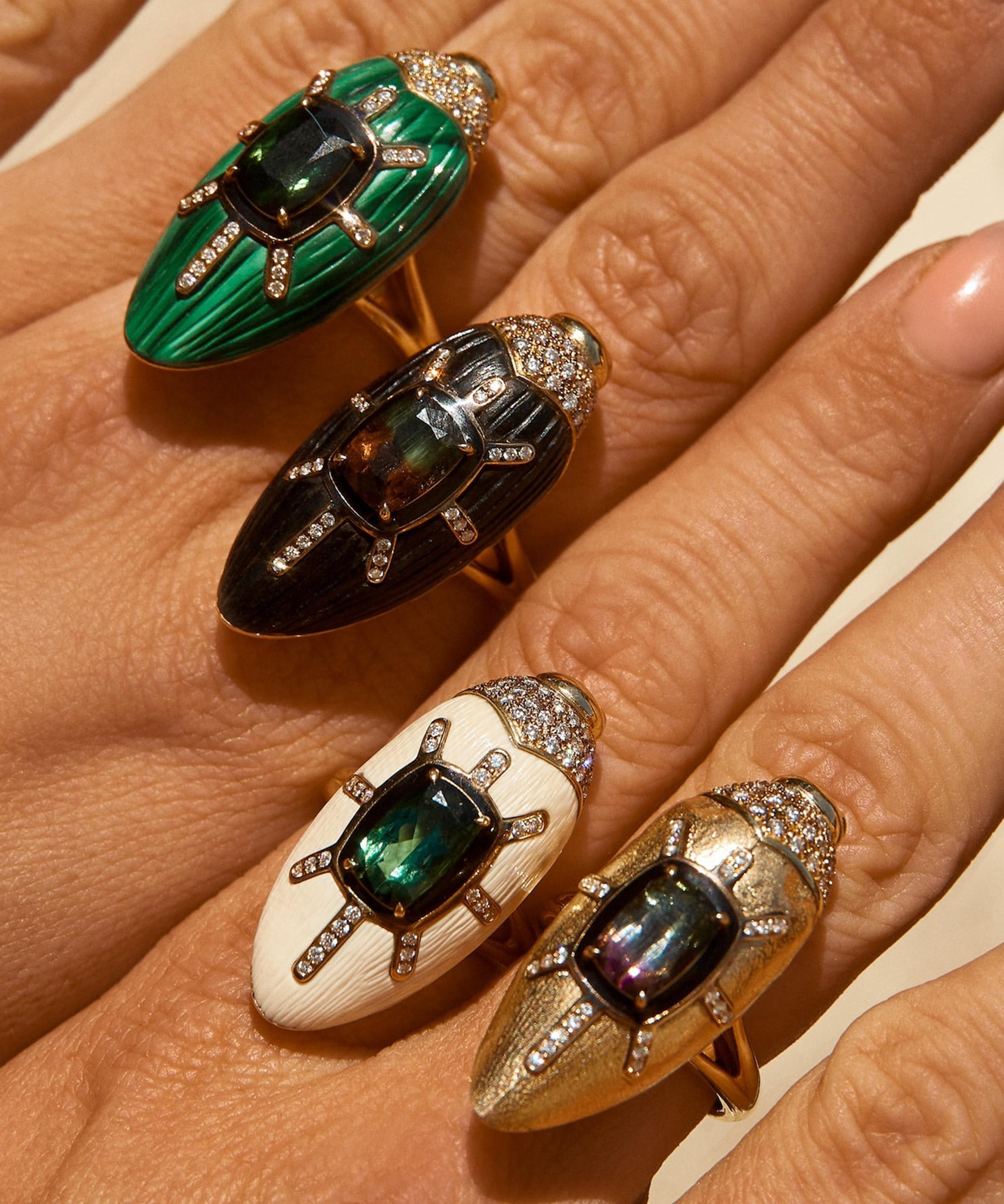 Bibi van der Velden - 18ct Gold Scarab Mammoth and Green Tourmaline Ring image number 1