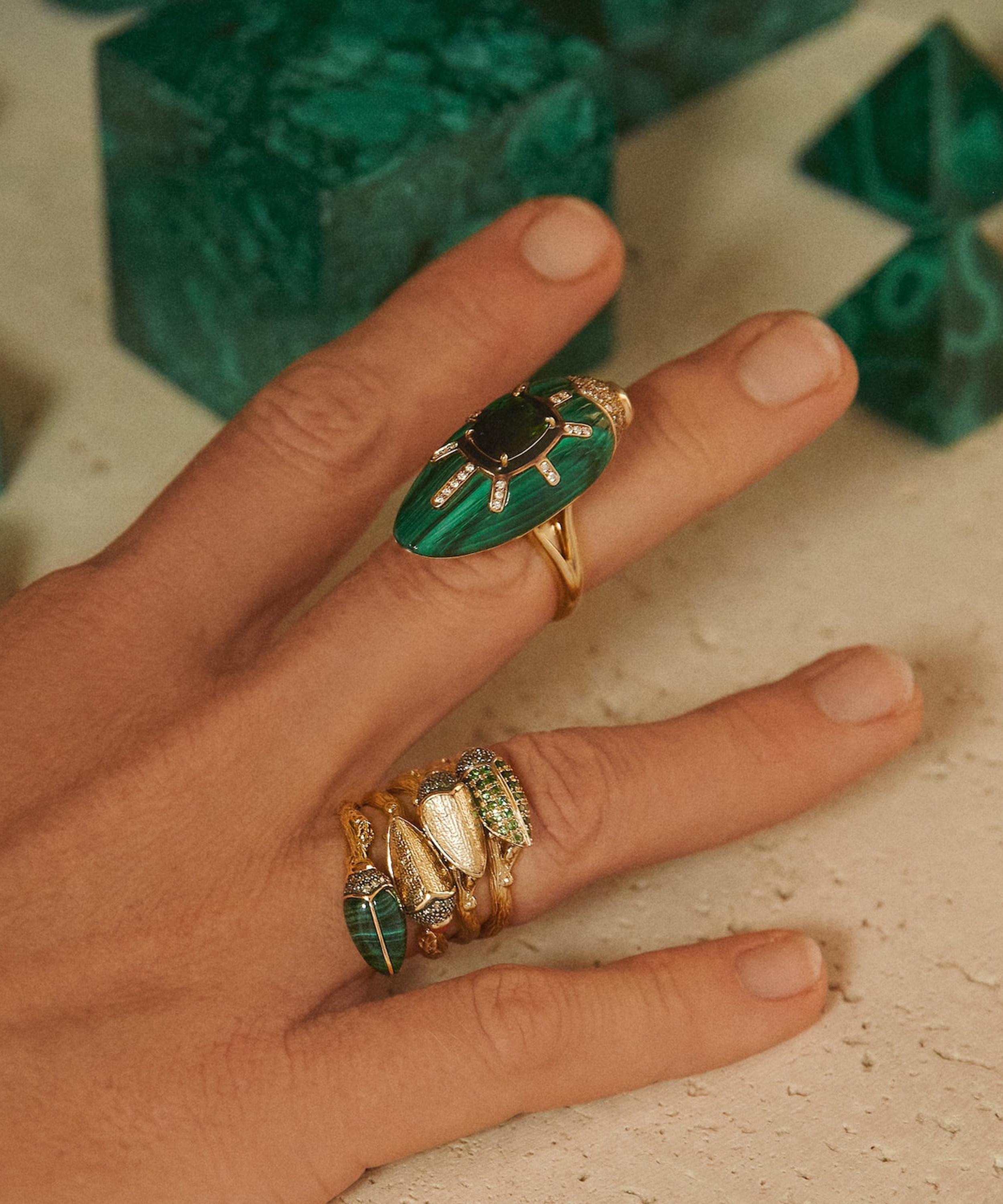 Bibi van der Velden - 18ct Gold Scarab Malachite and Green Tourmaline Ring image number 1