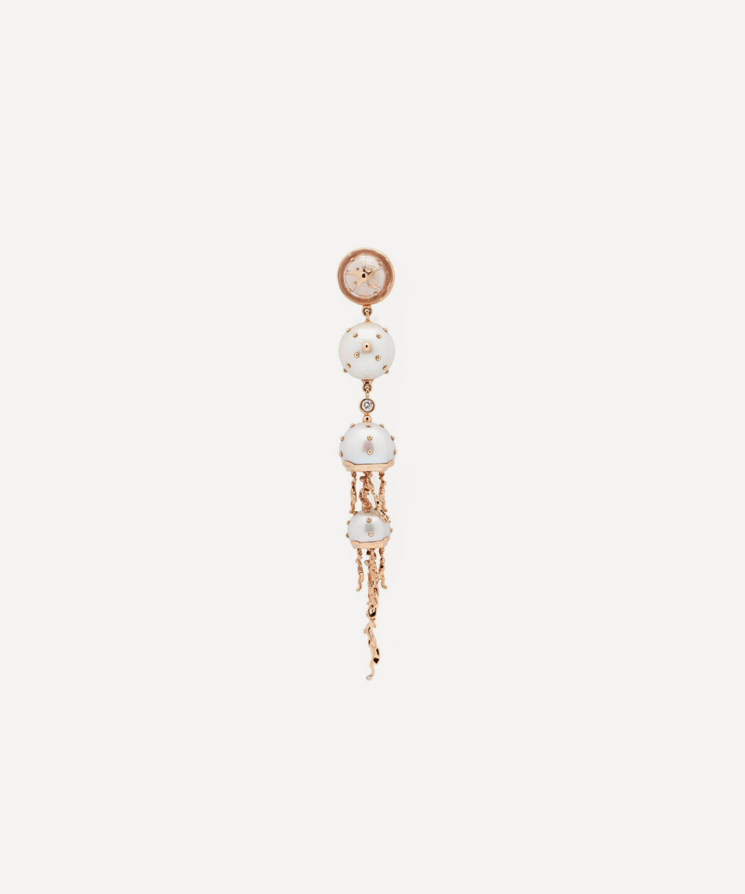 Bibi van der Velden - 18ct Rose Gold Jellyfish Quartz and White Pearl Drop Earring