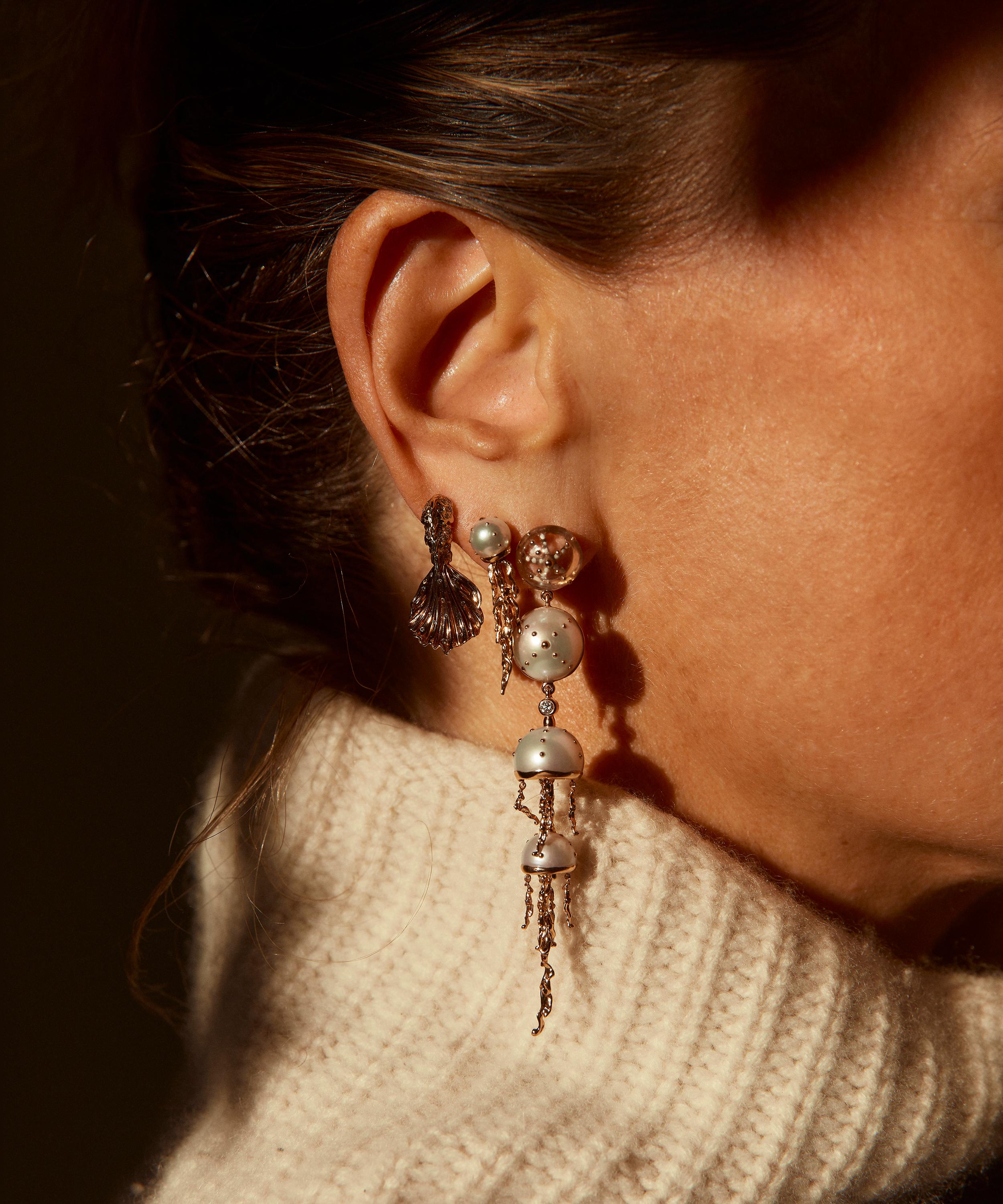Bibi van der Velden - 18ct Rose Gold Jellyfish Quartz and White Pearl Drop Earring image number 1