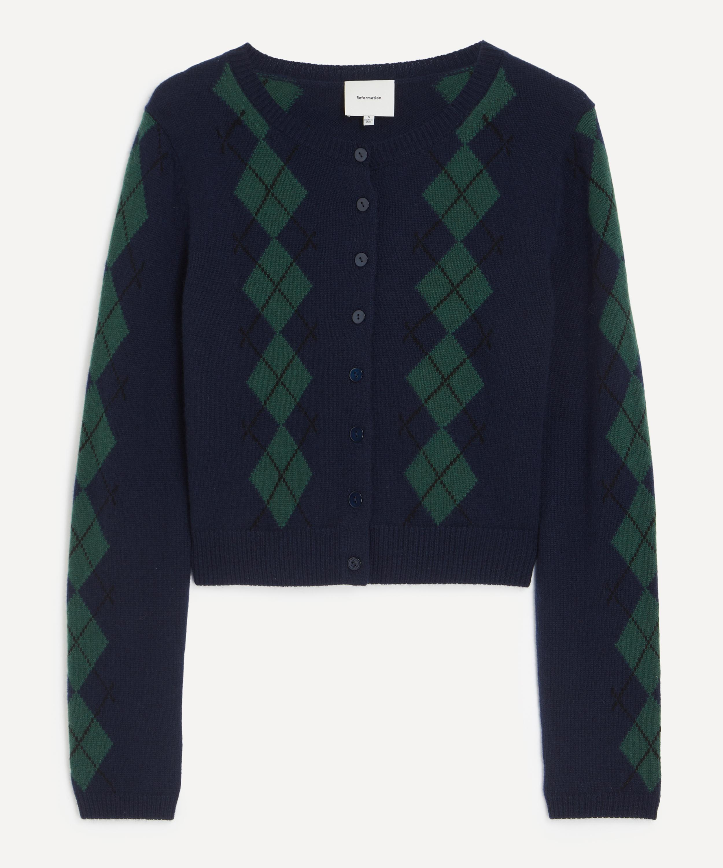 Reformation - Clara Navy Argyle Cashmere Cardigan 