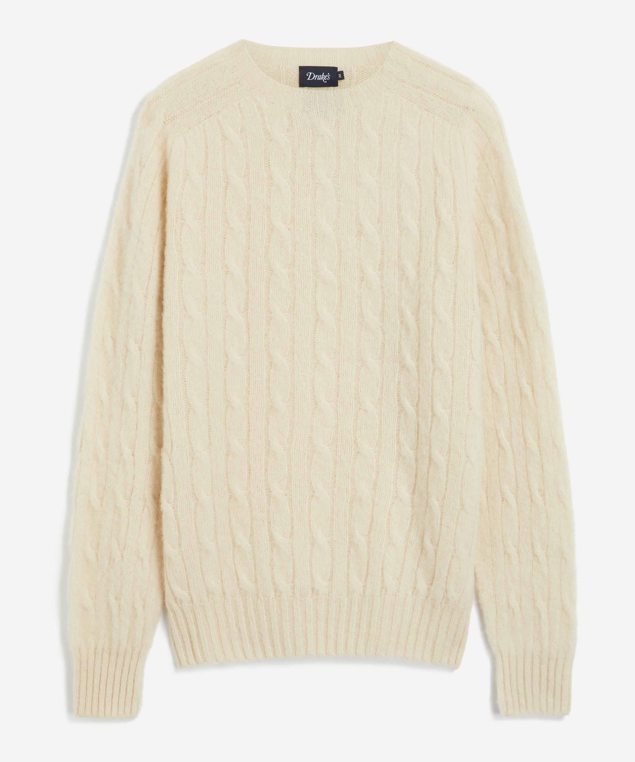 Drakes - Ecru Brushed Shetland Cable Knit Crew Neck Jumper image number 0
