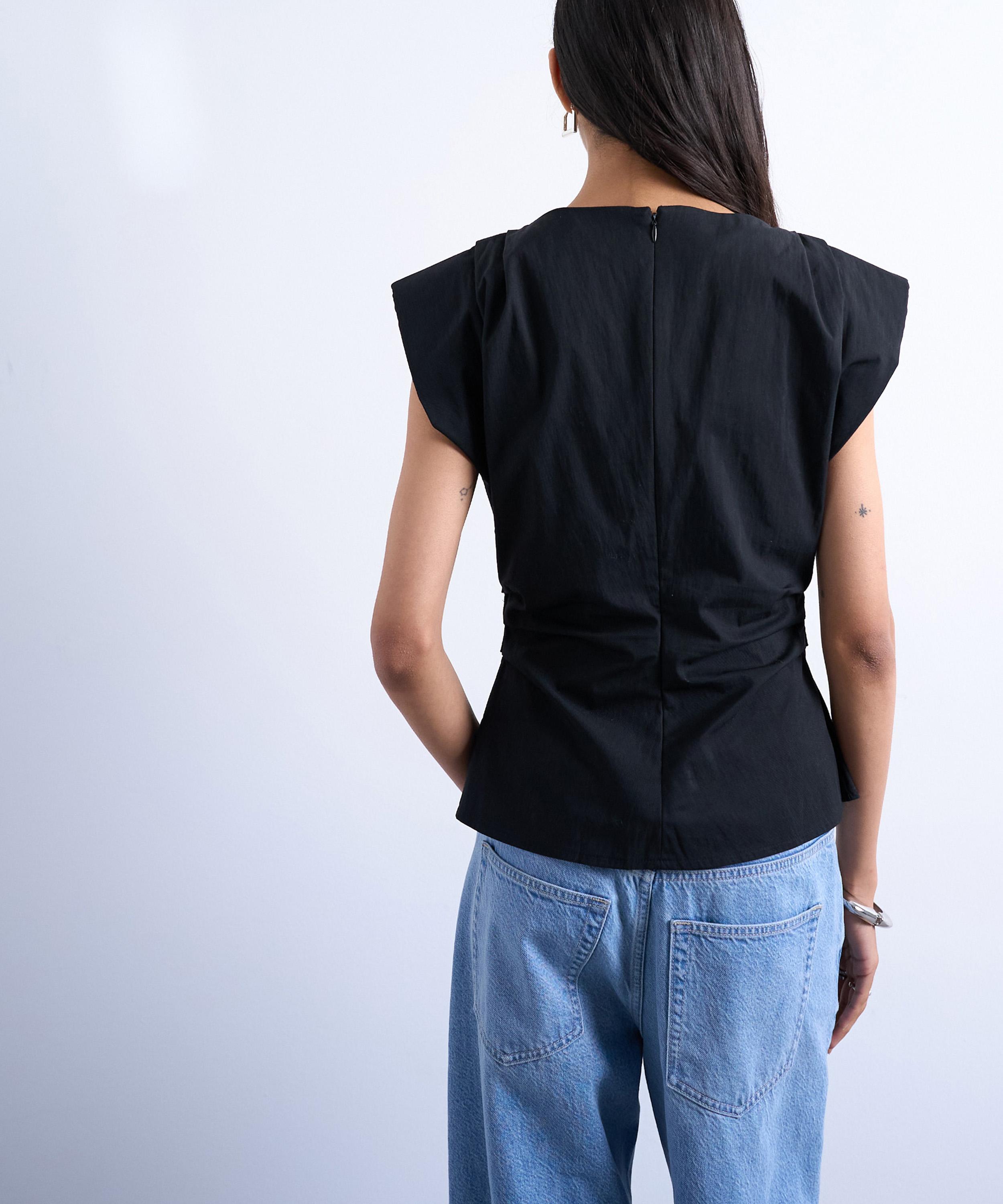 TOPSHOP - Black Waisted Structured Shoulder Top image number 3