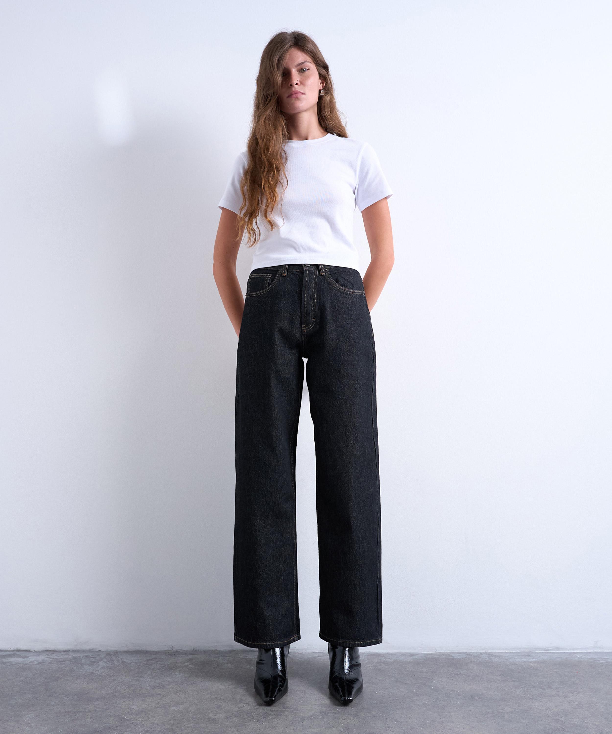 TOPSHOP - Black Ecru Column Mid-Rise Jeans image number 0