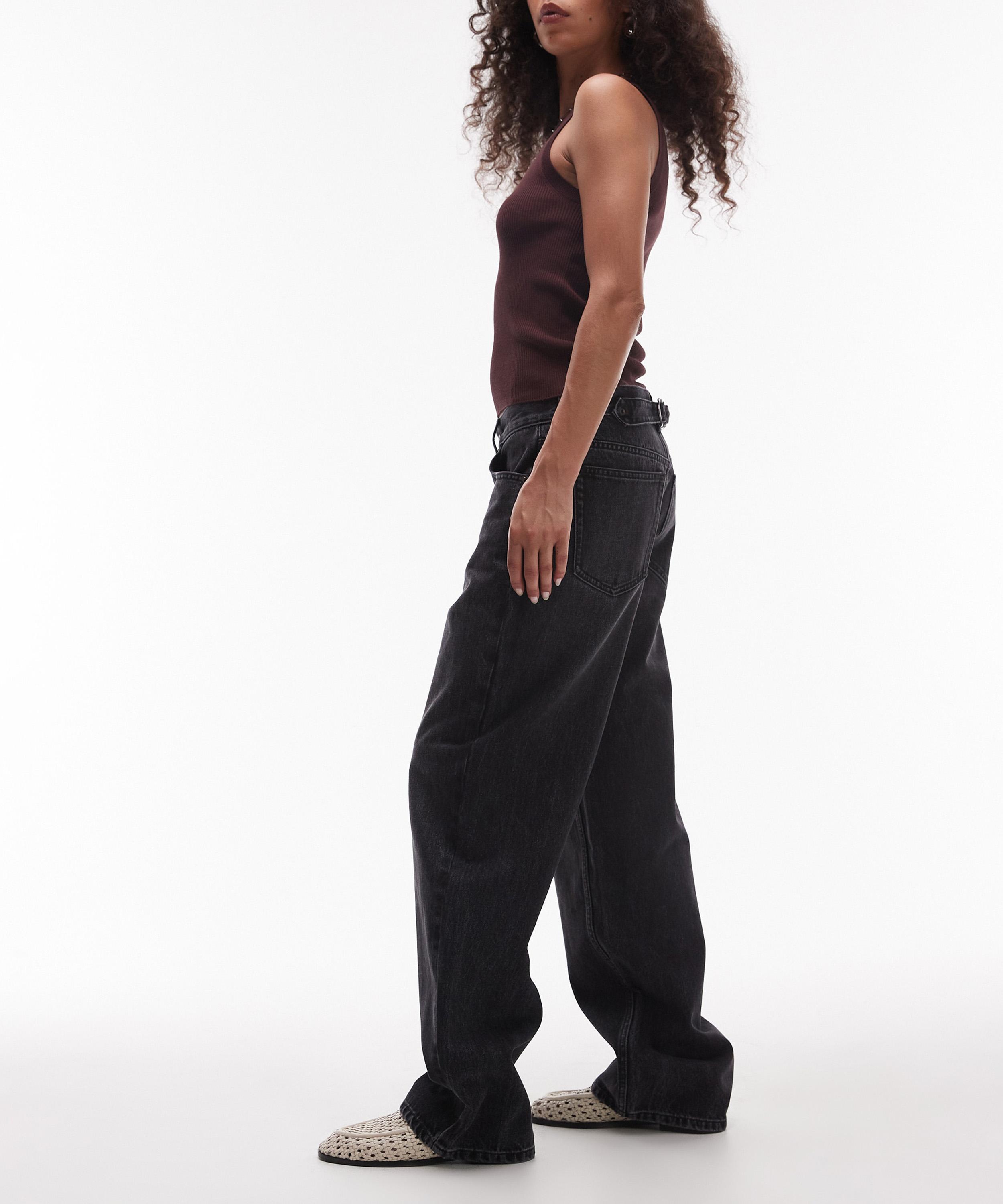 TOPSHOP - Washed Black Cinch Low-Rise Jeans image number 1