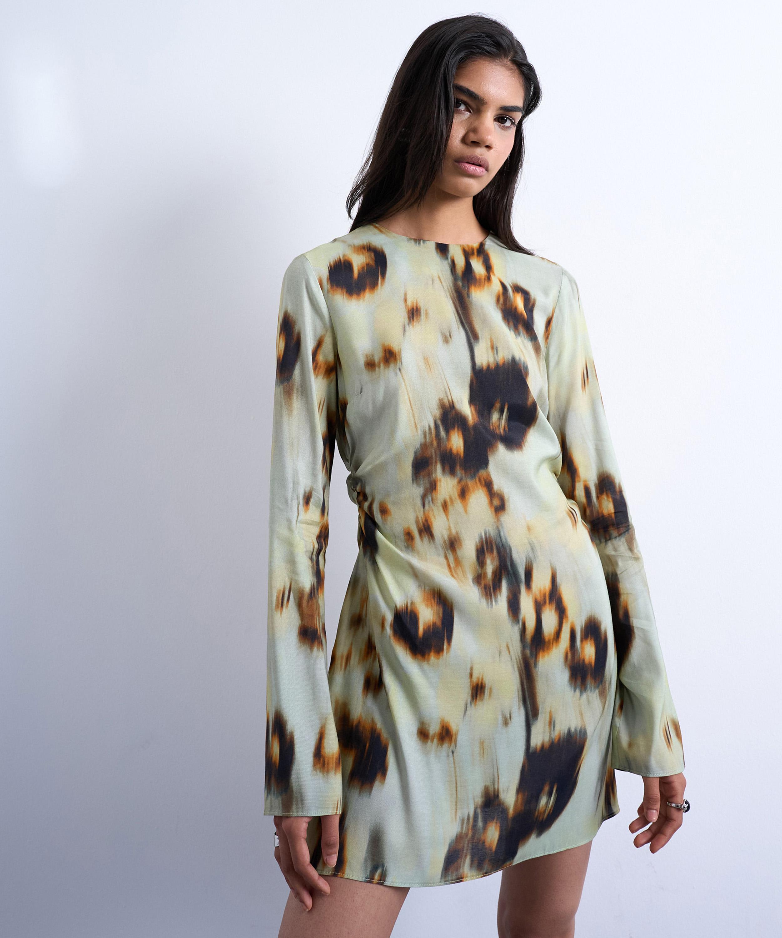 TOPSHOP Blur Print Waisted Long-Sleeve Mini Dress