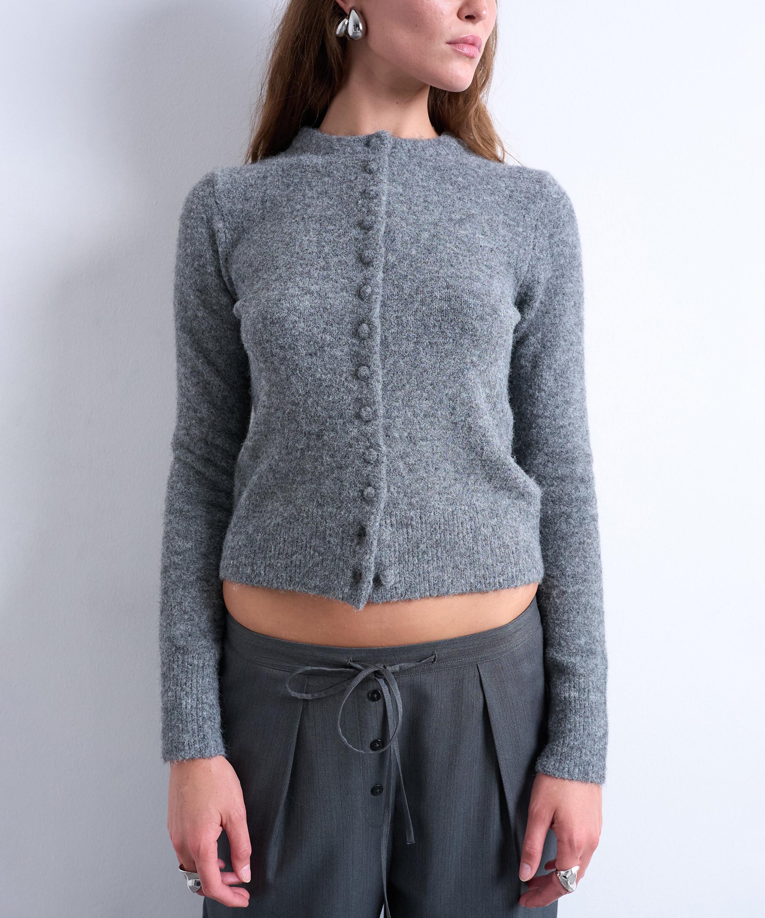 TOPSHOP - Grey Knitted Covered Button Cardigan image number 1