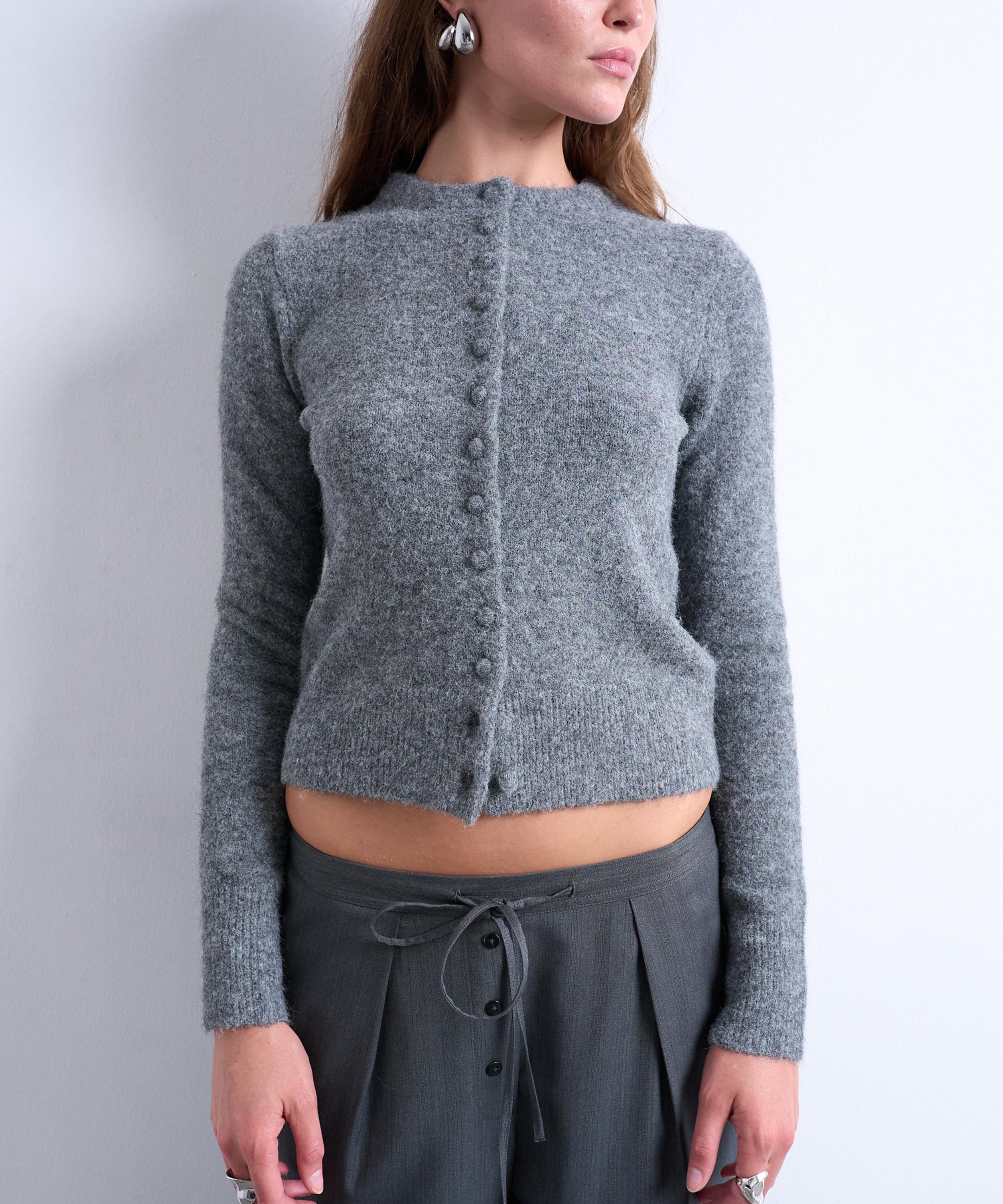 TOPSHOP - Grey Knitted Covered Button Cardigan image number 2