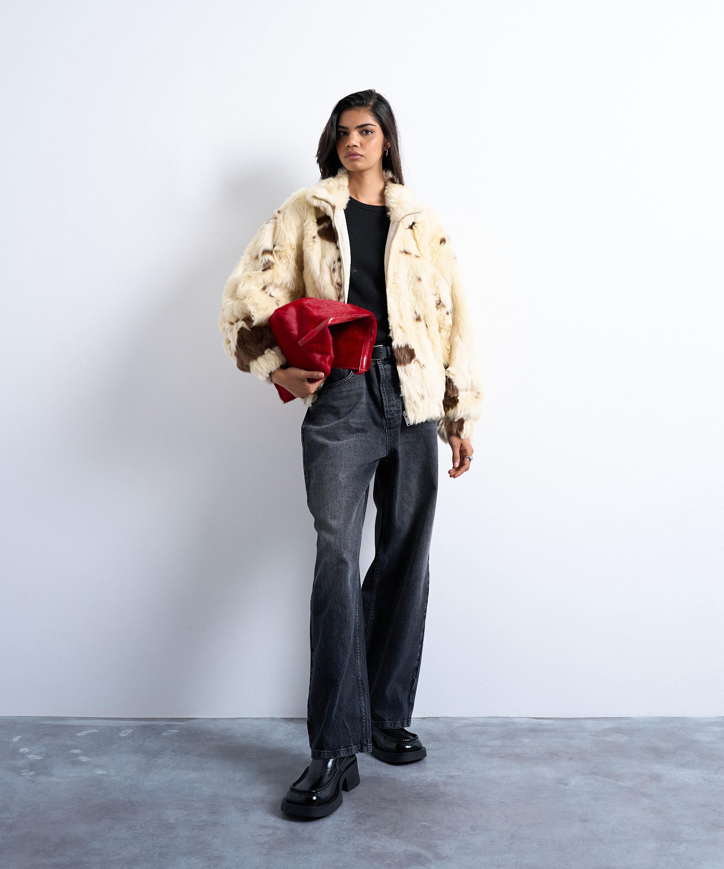 TOPSHOP - Cow Print Faux Fur Bomber Jacket
