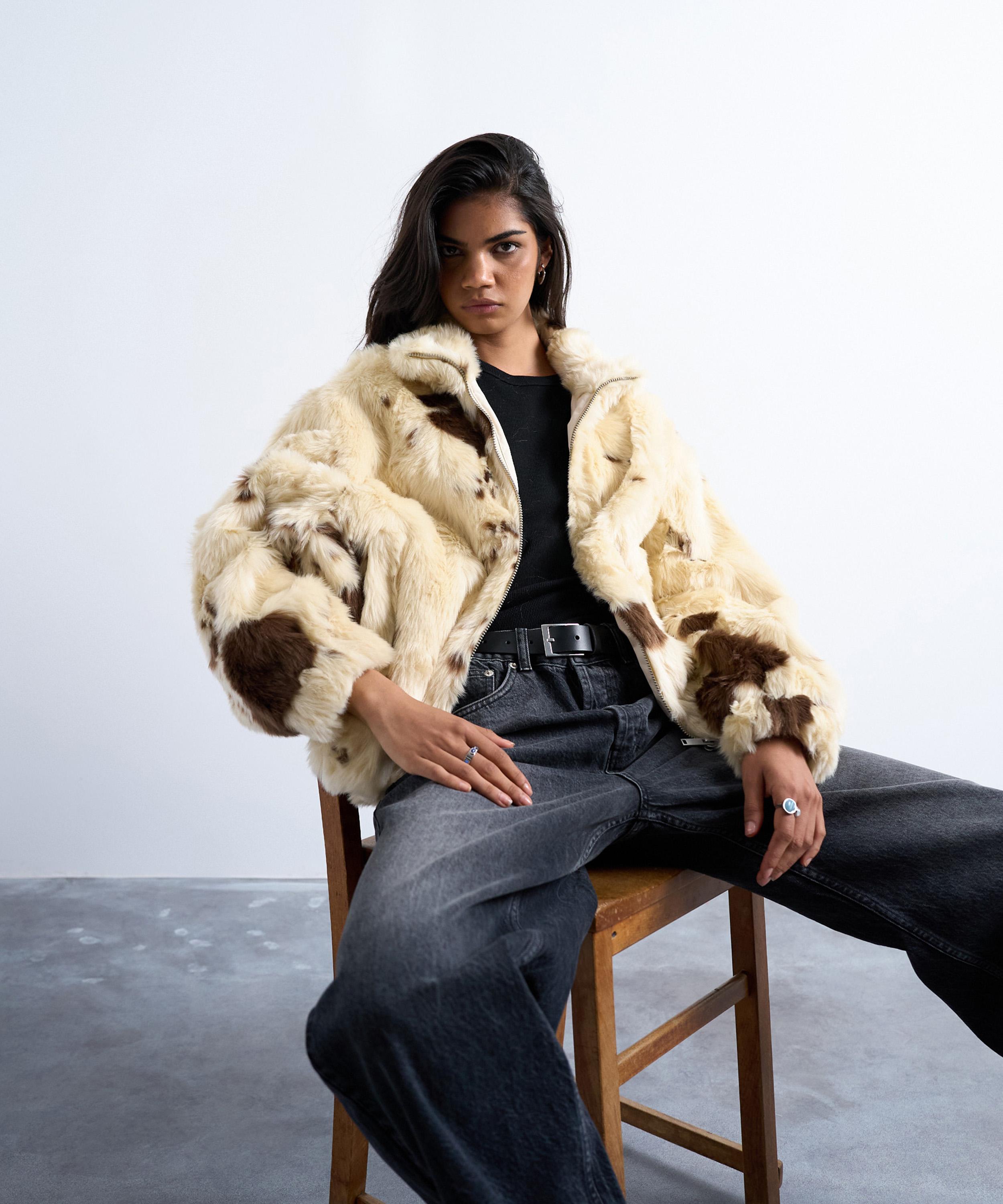 TOPSHOP - Cow Print Faux Fur Bomber Jacket image number 3