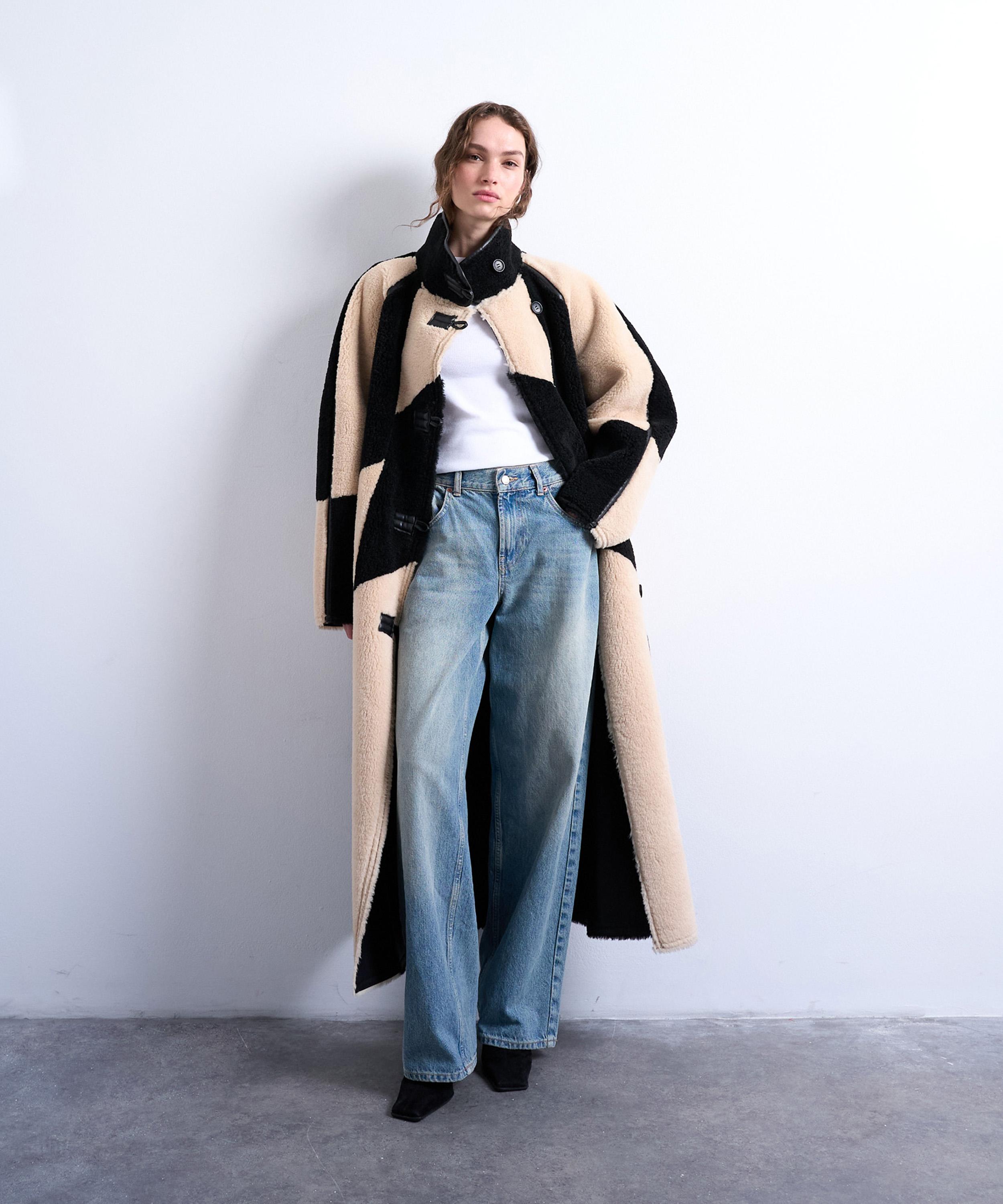 TOPSHOP - Black Borg Longline Patchwork Coat