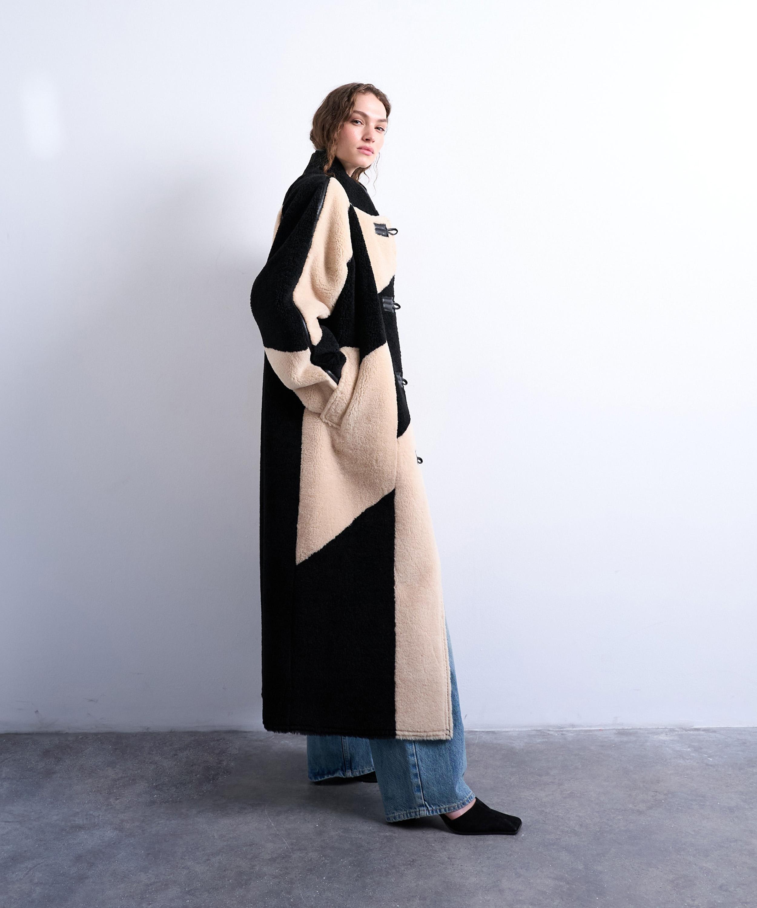 TOPSHOP - Black Borg Longline Patchwork Coat image number 1