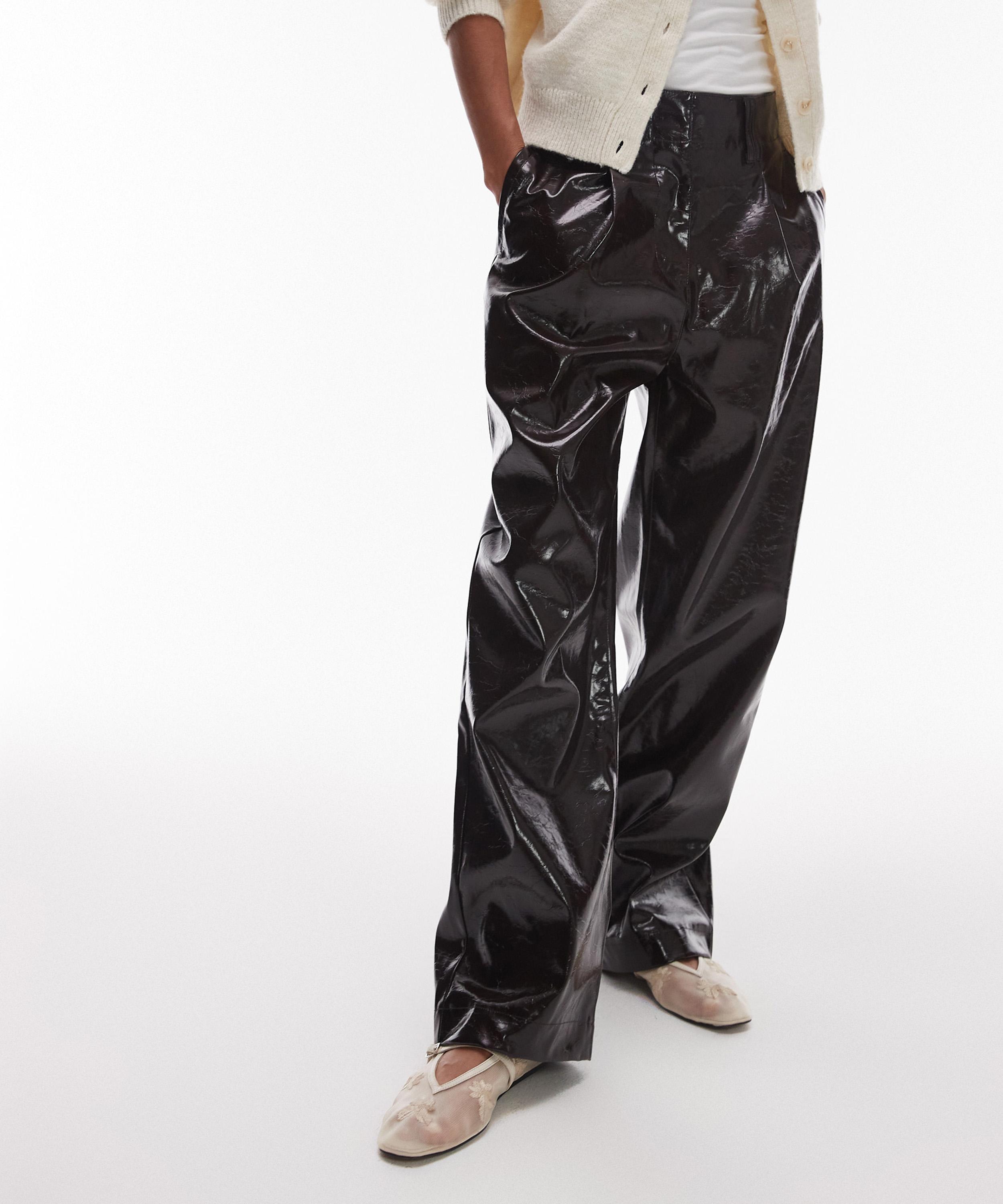 TOPSHOP - Brown Shine High-Waist Faux-Leather Pleated Straight-Leg Trousers image number 2