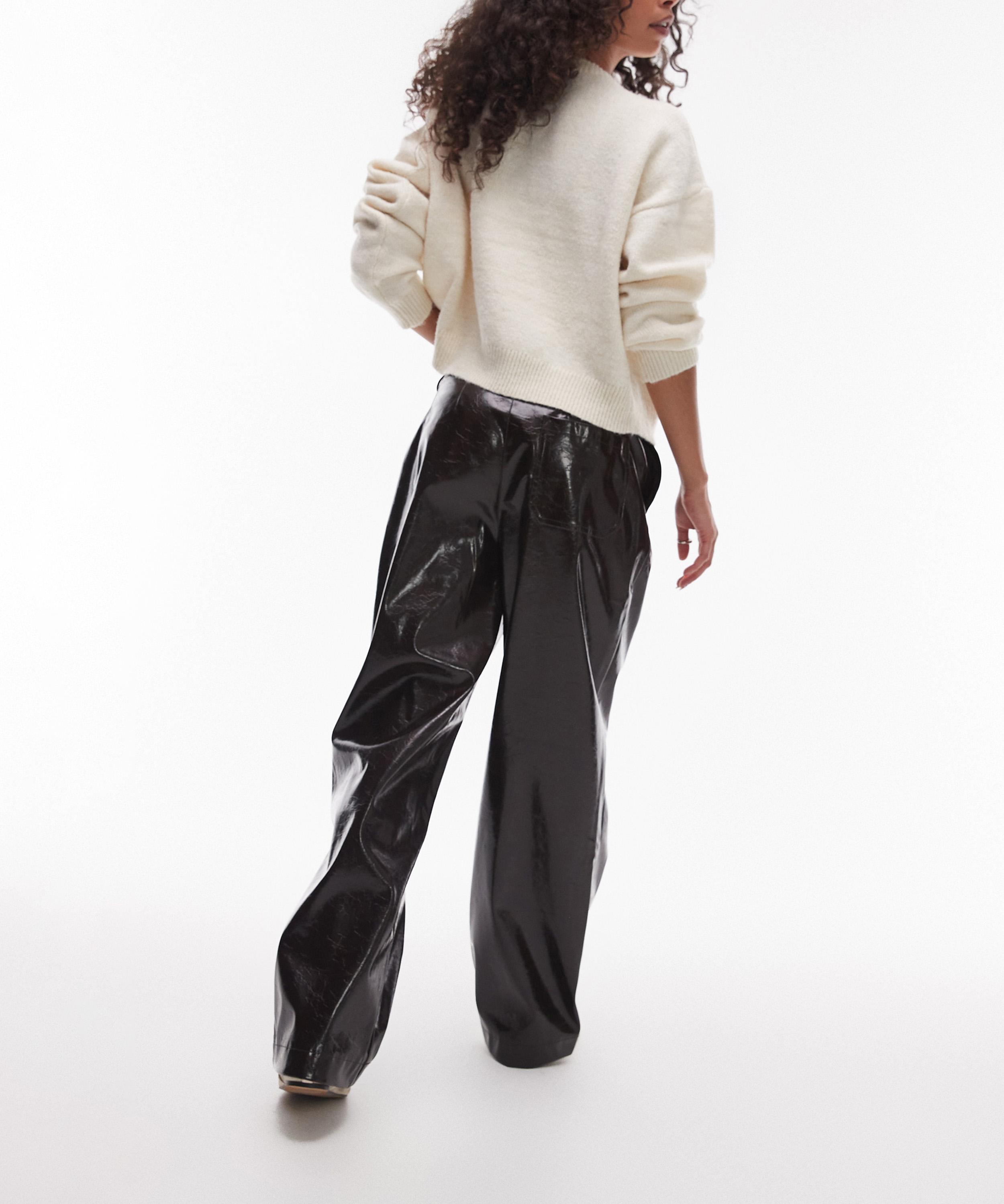 TOPSHOP - Brown Shine High-Waist Faux-Leather Pleated Straight-Leg Trousers image number 3