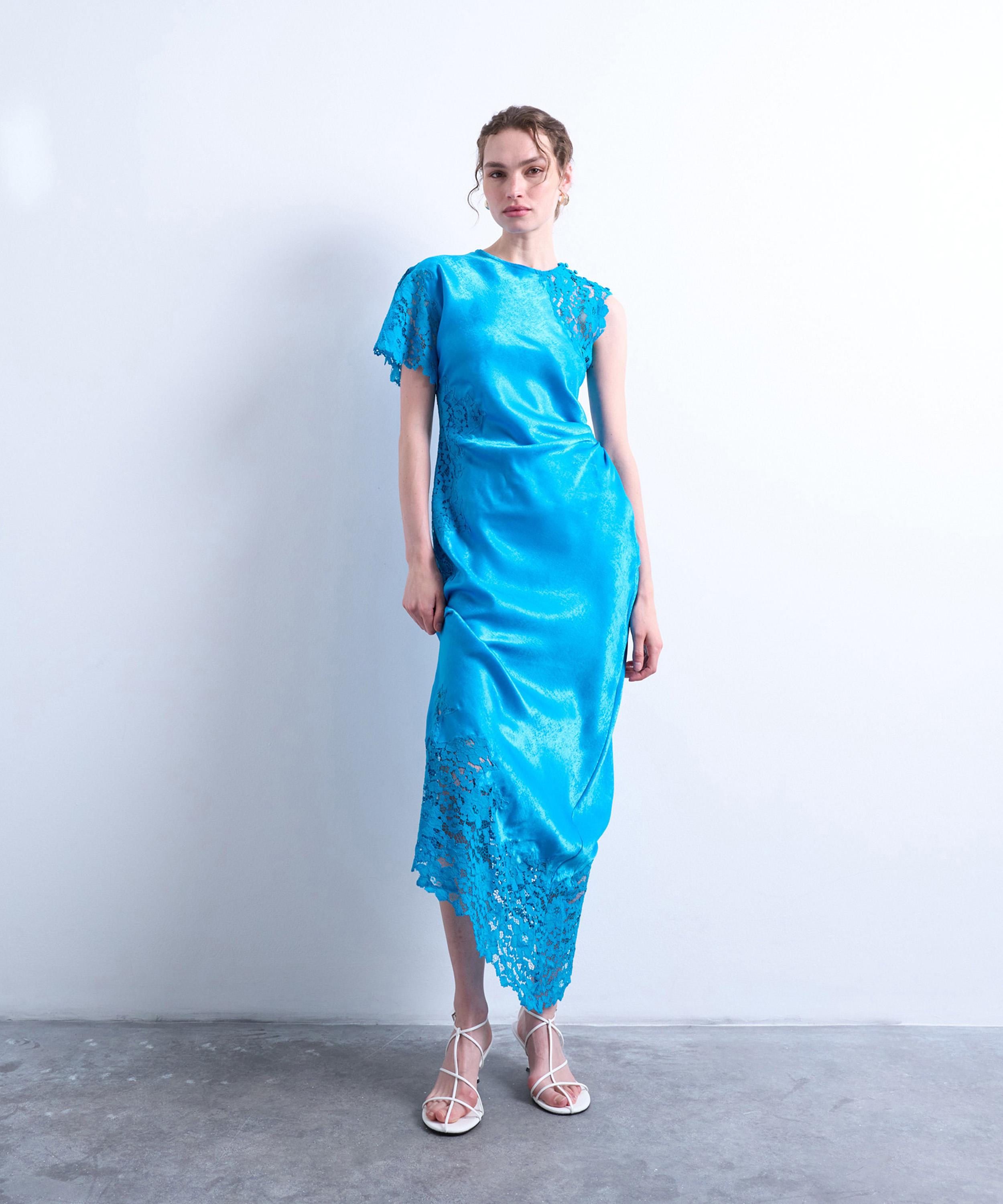 TOPSHOP - Deep Blue Lace Insert Grown-On Shoulder Midi Dress image number 0