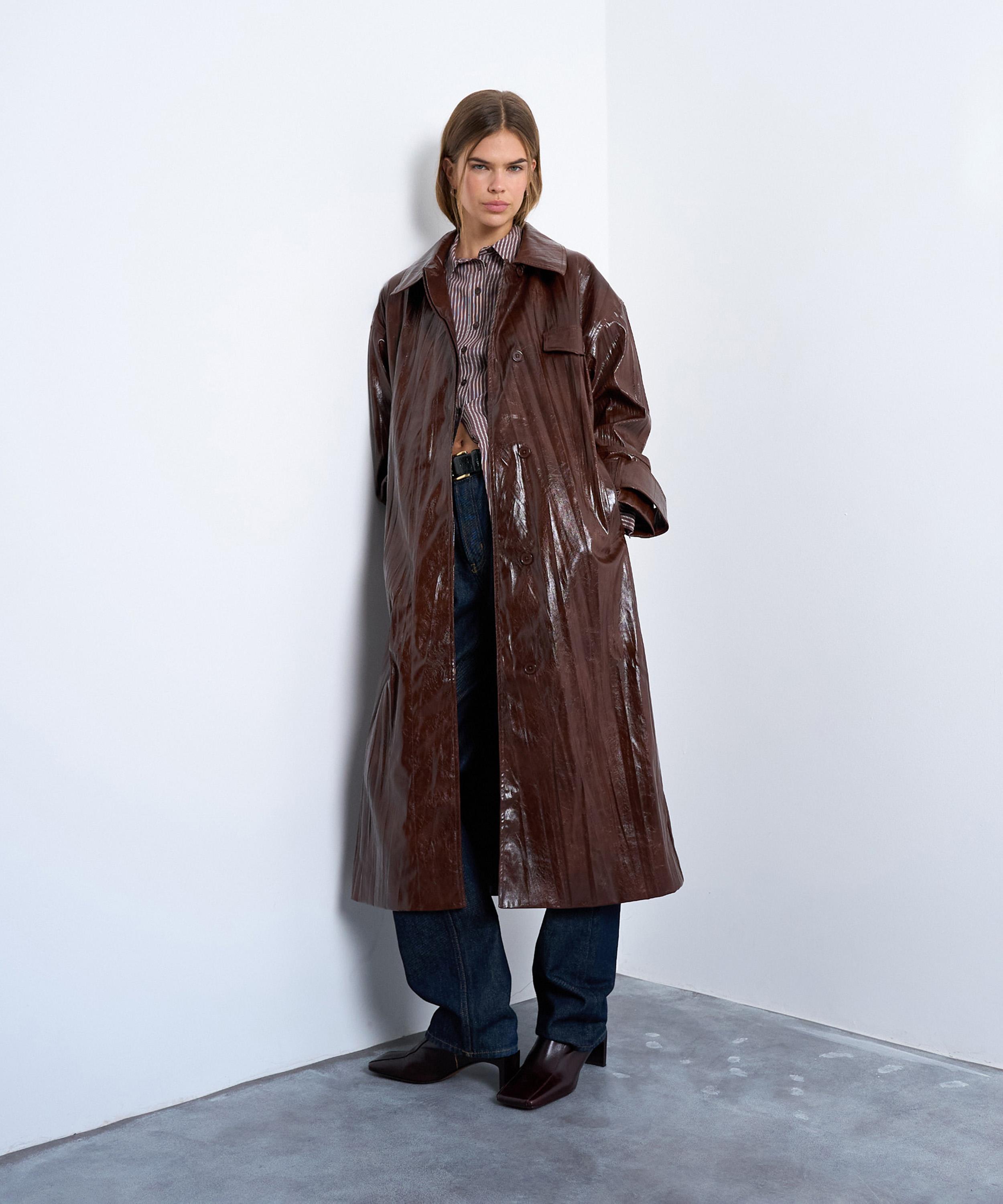 TOPSHOP - Washed Brown Faux Leather High-Shine Trench Coat image number 0