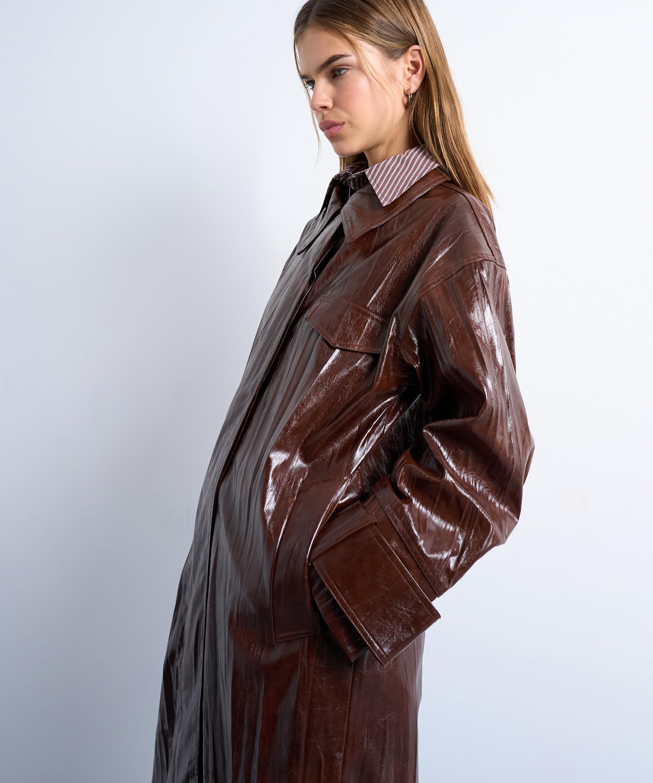 TOPSHOP - Washed Brown Faux Leather High-Shine Trench Coat image number 1