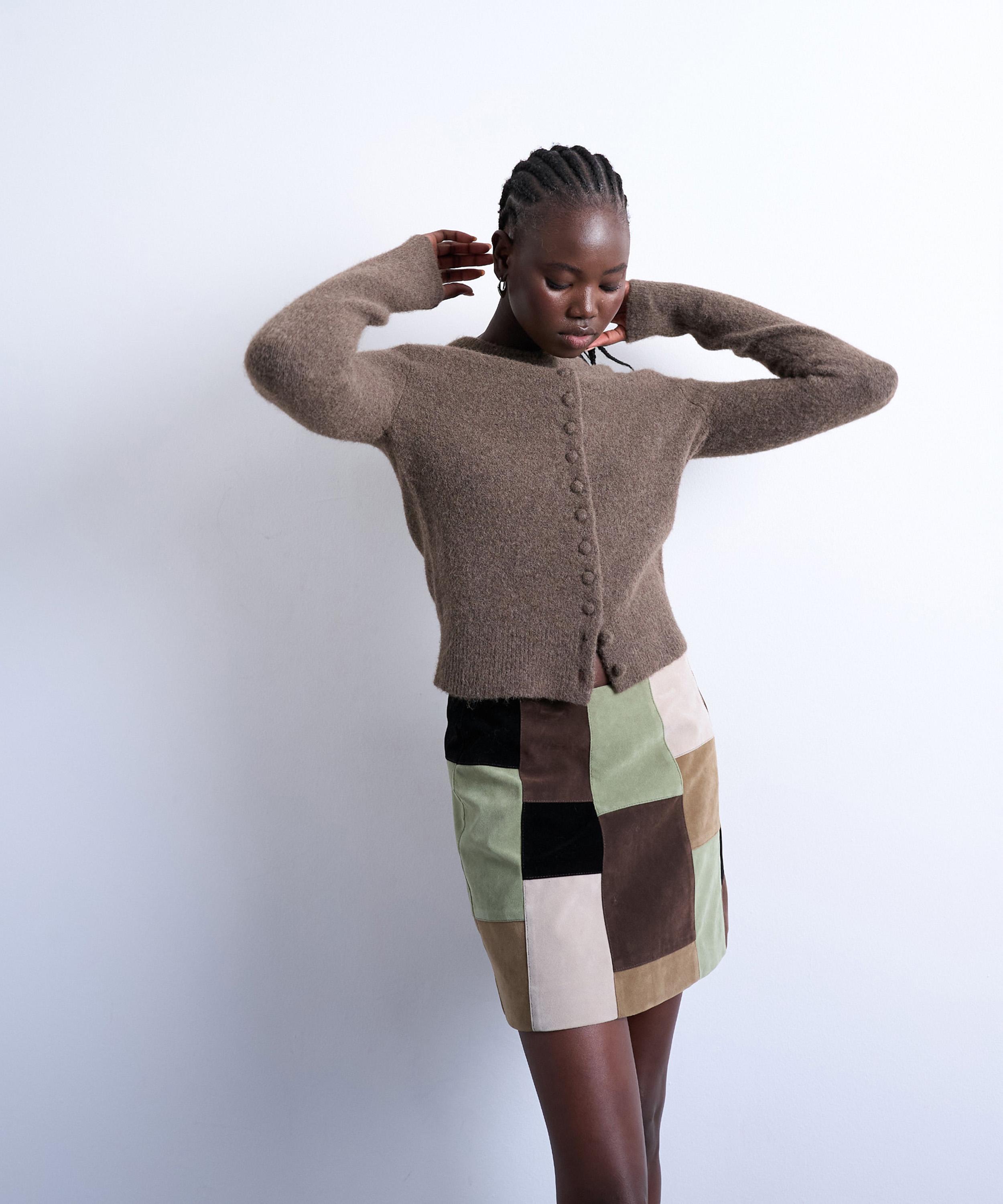 TOPSHOP - Brown Knitted Covered Button Cardigan