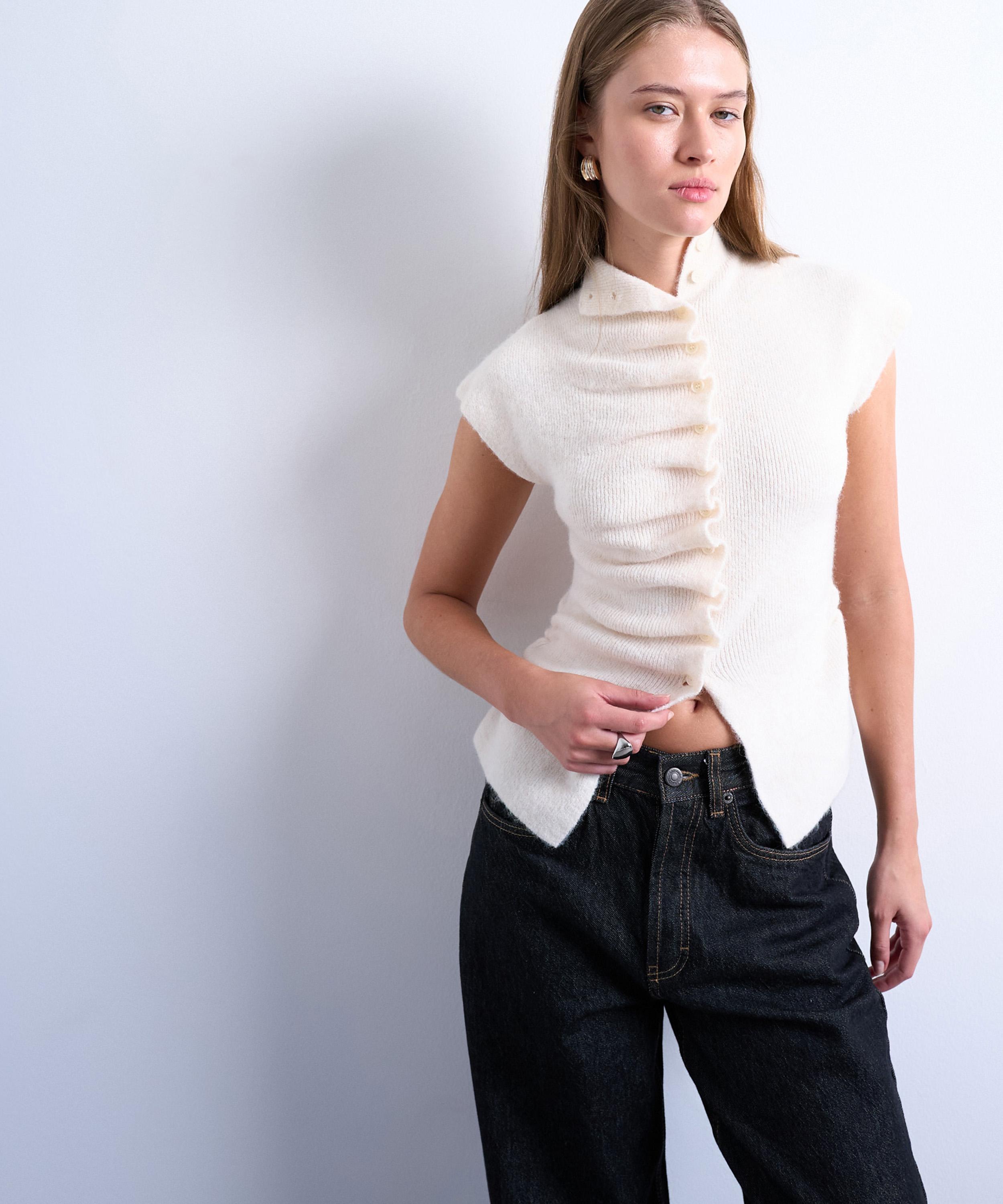 TOPSHOP - Ivory Knitted Ruffle Button Top image number 0