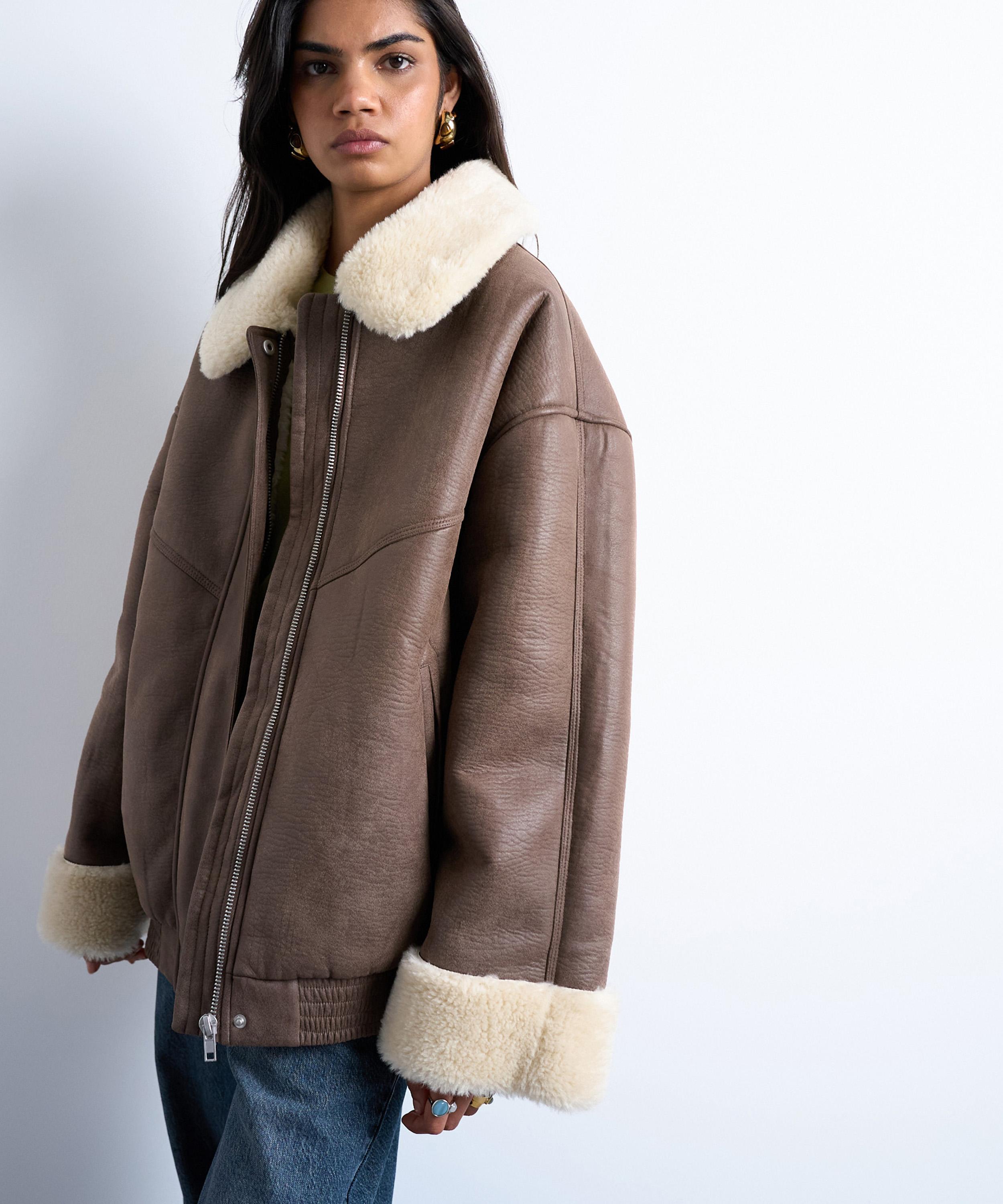 TOPSHOP - This Brown Shearling Aviator Bomber Jacket image number 0