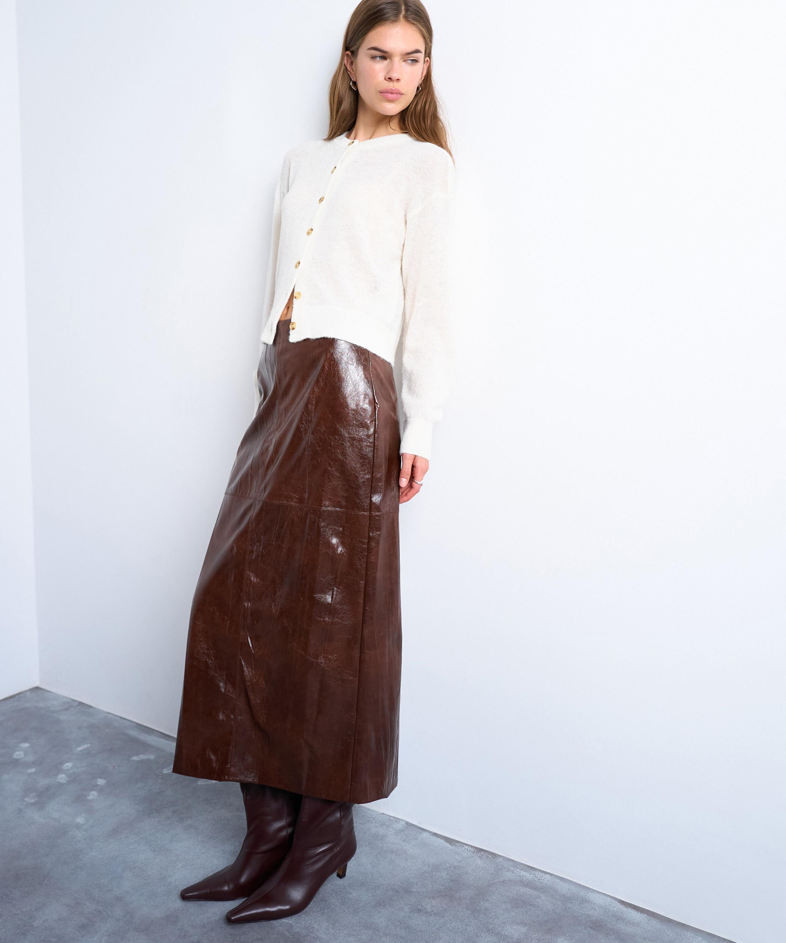 TOPSHOP - Brown Faux Leather High-Shine Midi Skirt image number 0