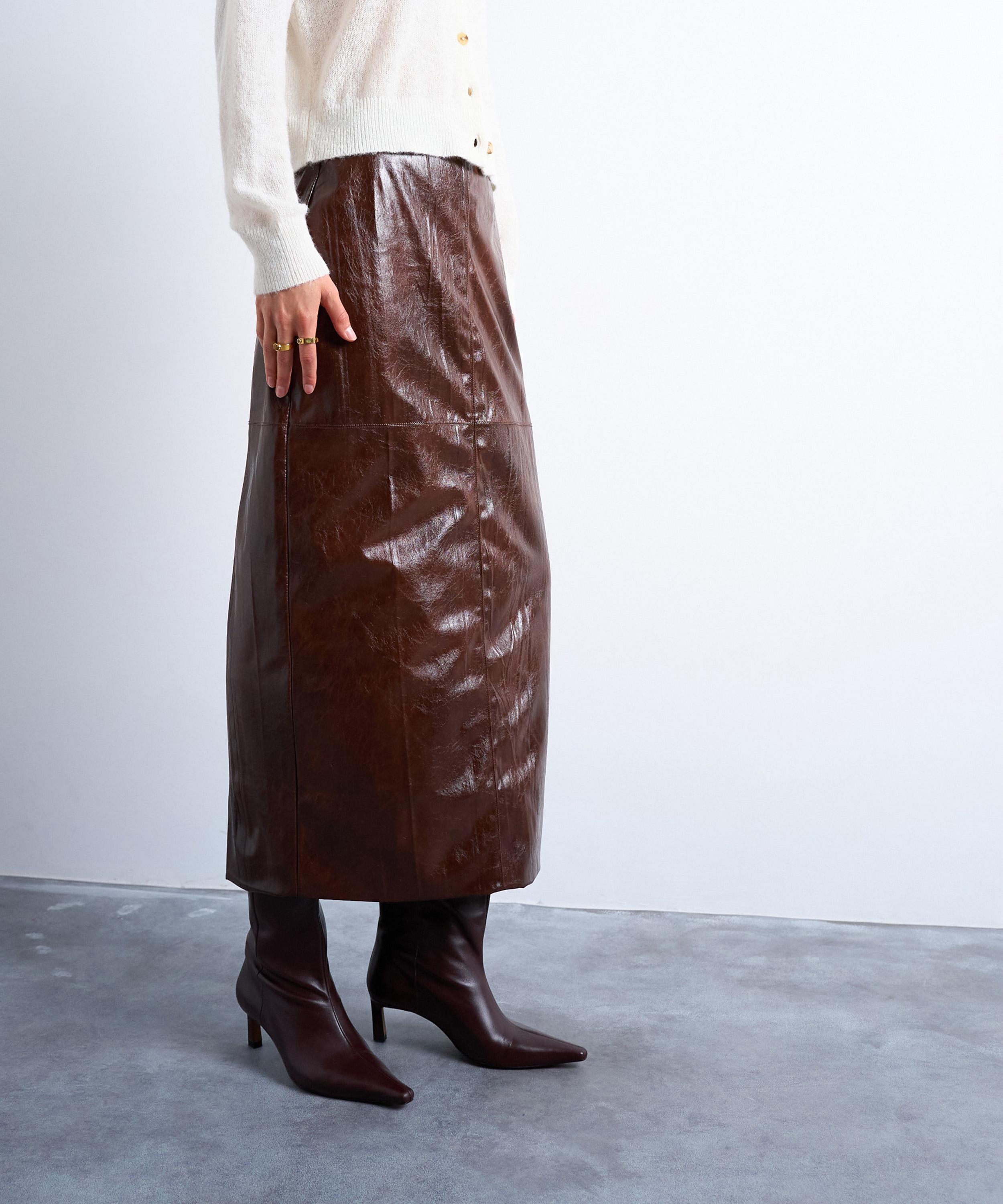 TOPSHOP - Brown Faux Leather High-Shine Midi Skirt image number 2