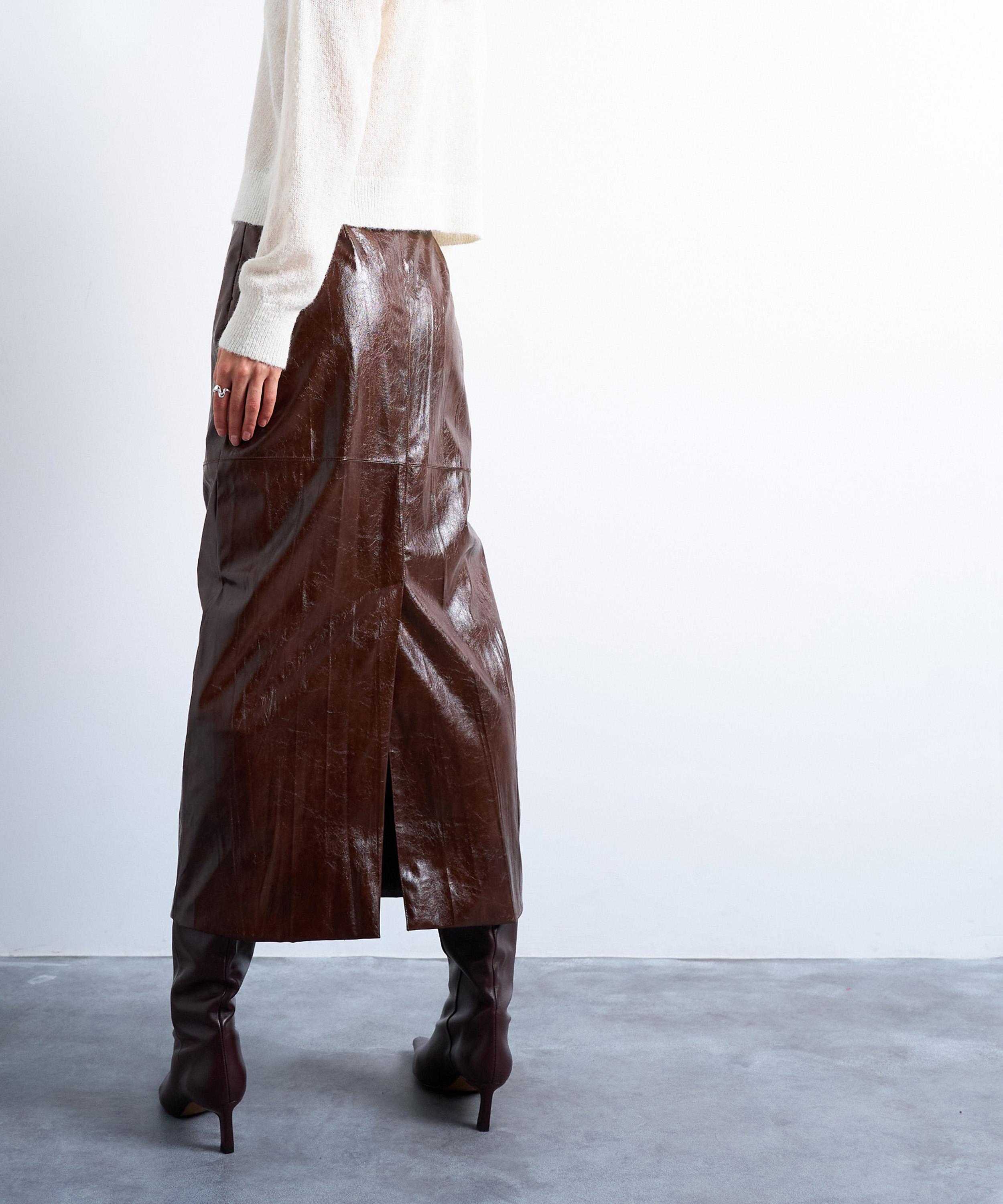 TOPSHOP - Brown Faux Leather High-Shine Midi Skirt image number 3