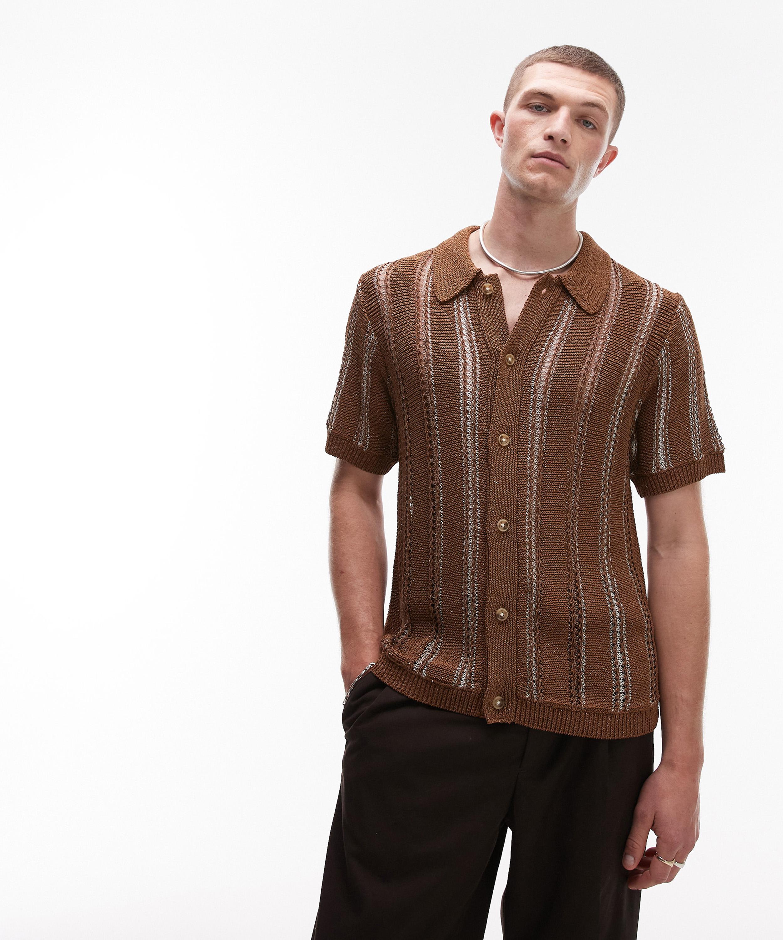 TOPMAN - Brown Knitted Button-Through Shirt