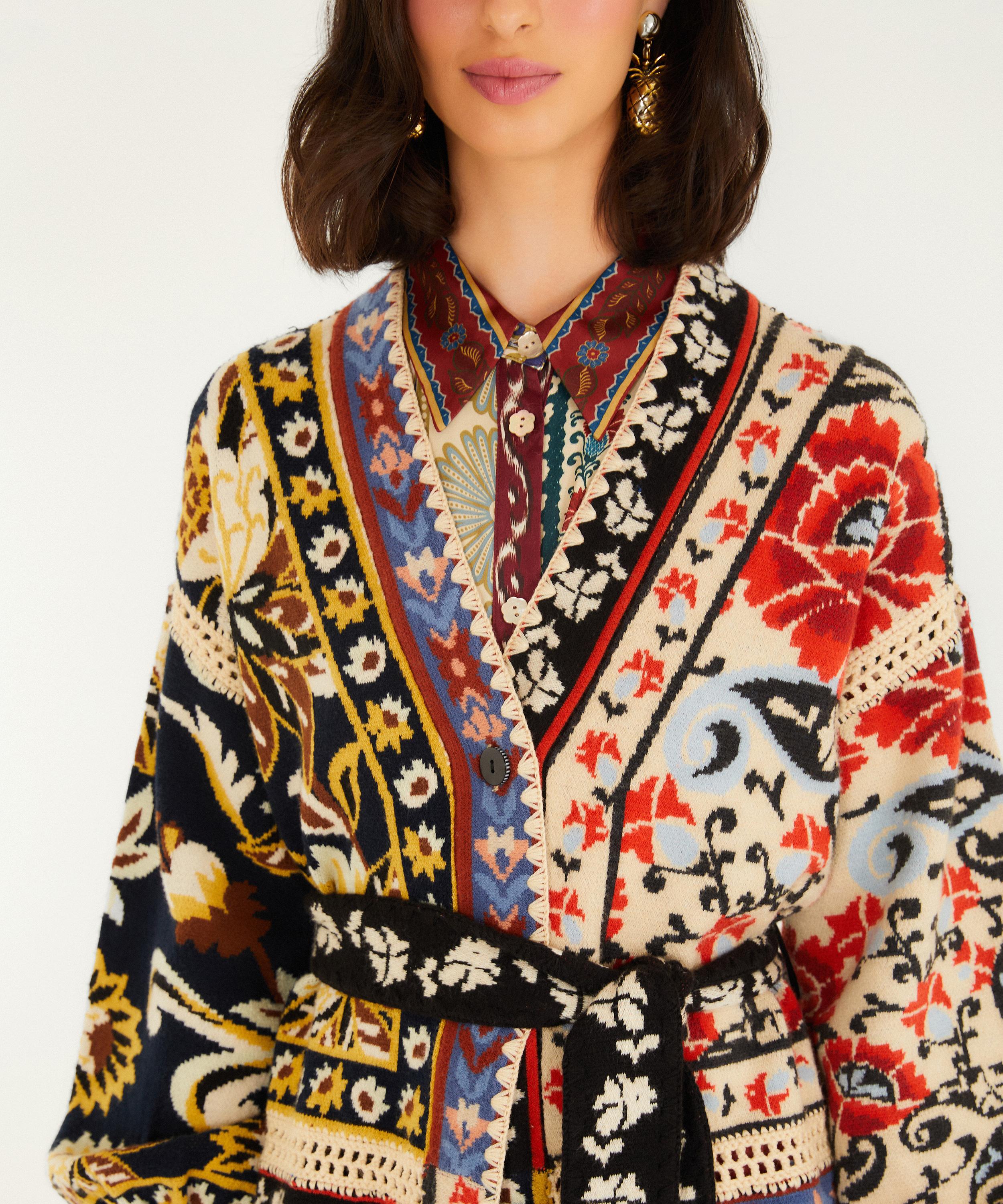 FARM Rio - Mixed Flower Print Patchwork Knit Midi Cardigan image number 2