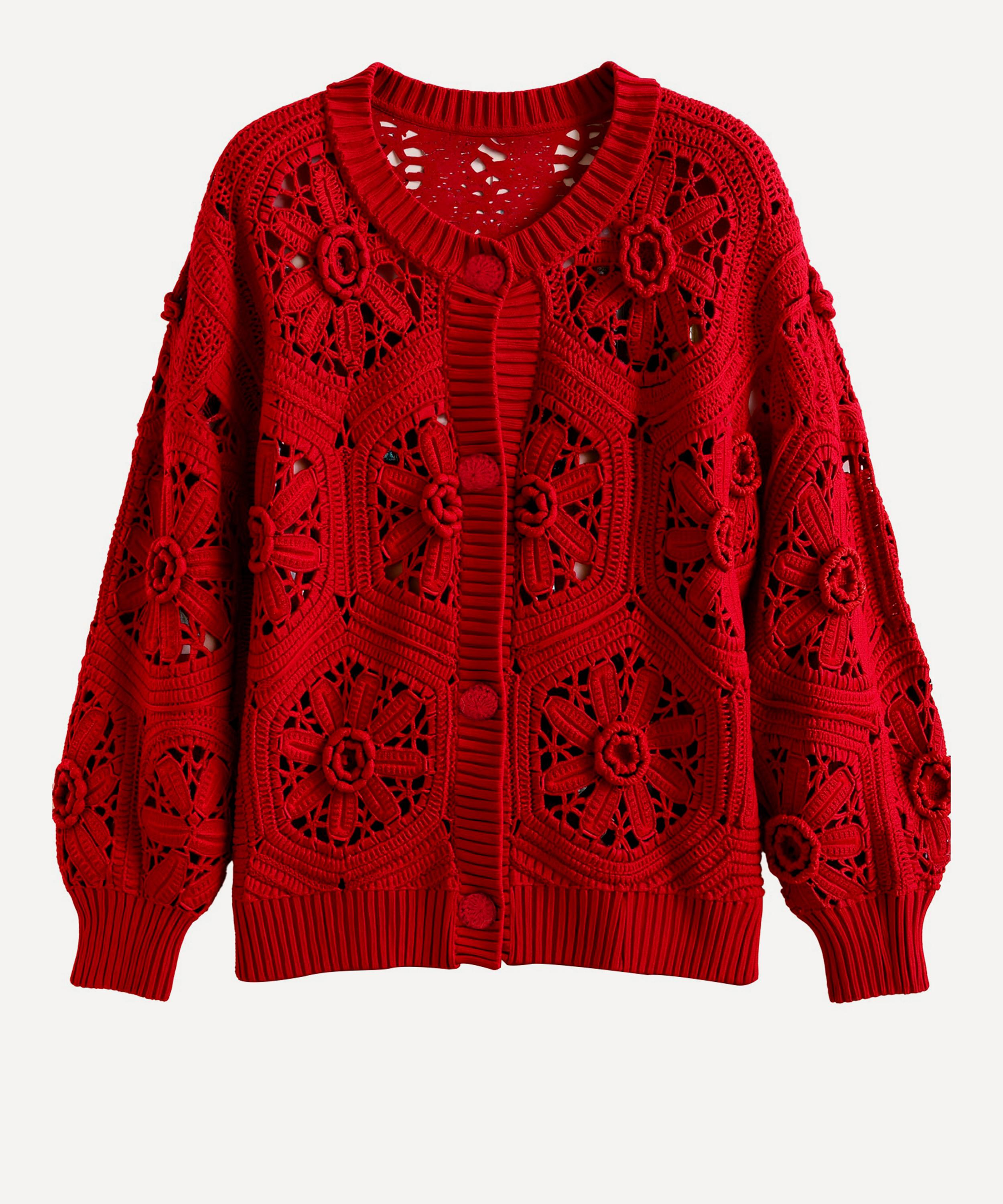 FARM Rio - Red Crochet Flower Knit Cardigan image number 0