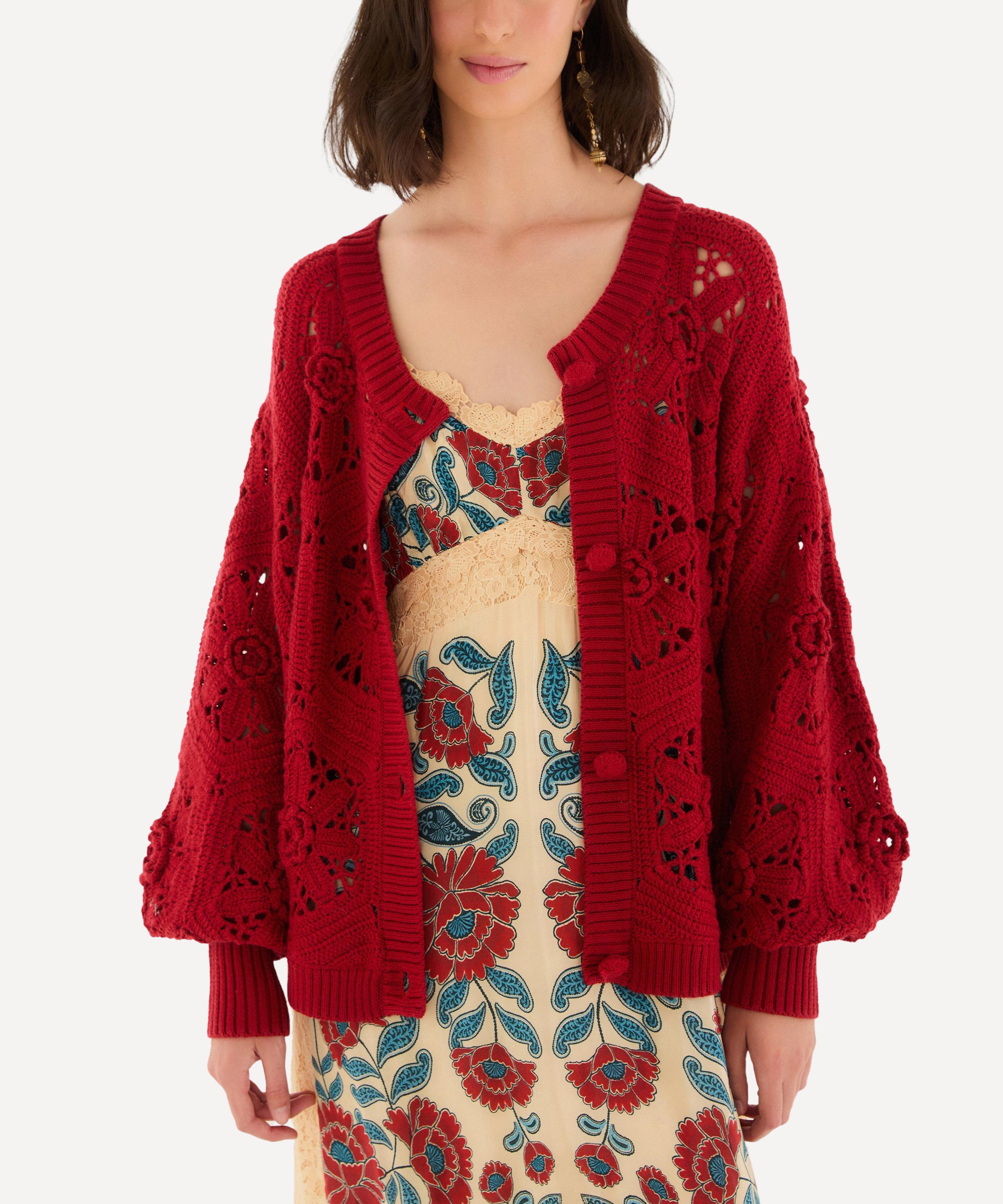 FARM Rio - Red Crochet Flower Knit Cardigan image number 1