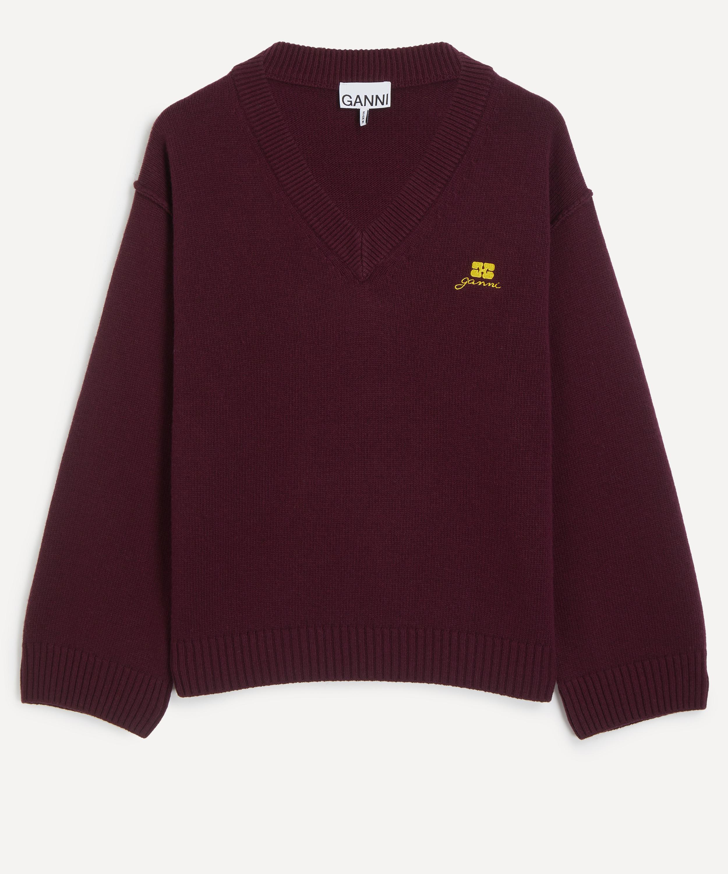Ganni - Burgundy Wool-Mix V-Neck Jumper image number 0