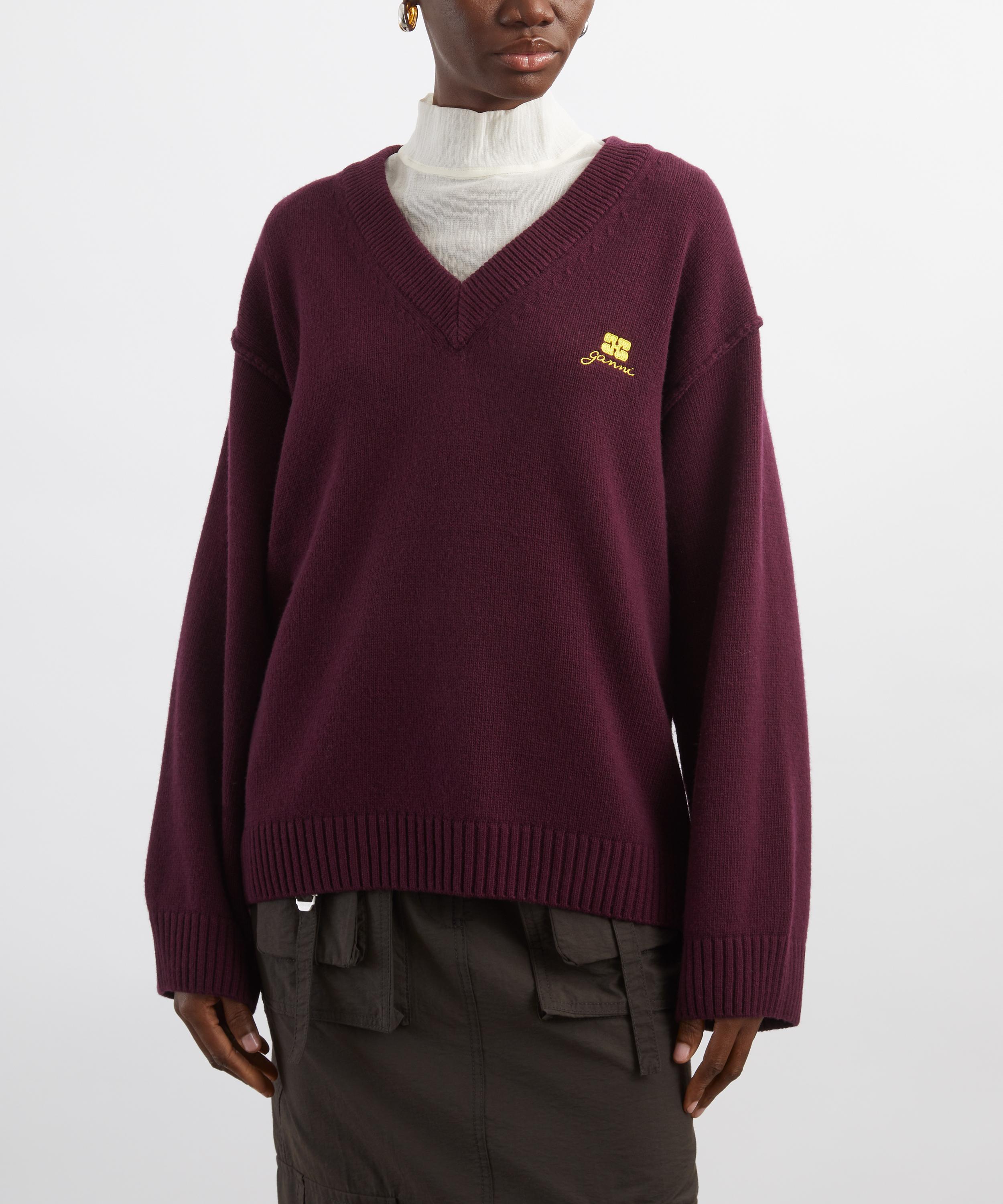 Ganni - Burgundy Wool-Mix V-Neck Jumper image number 2