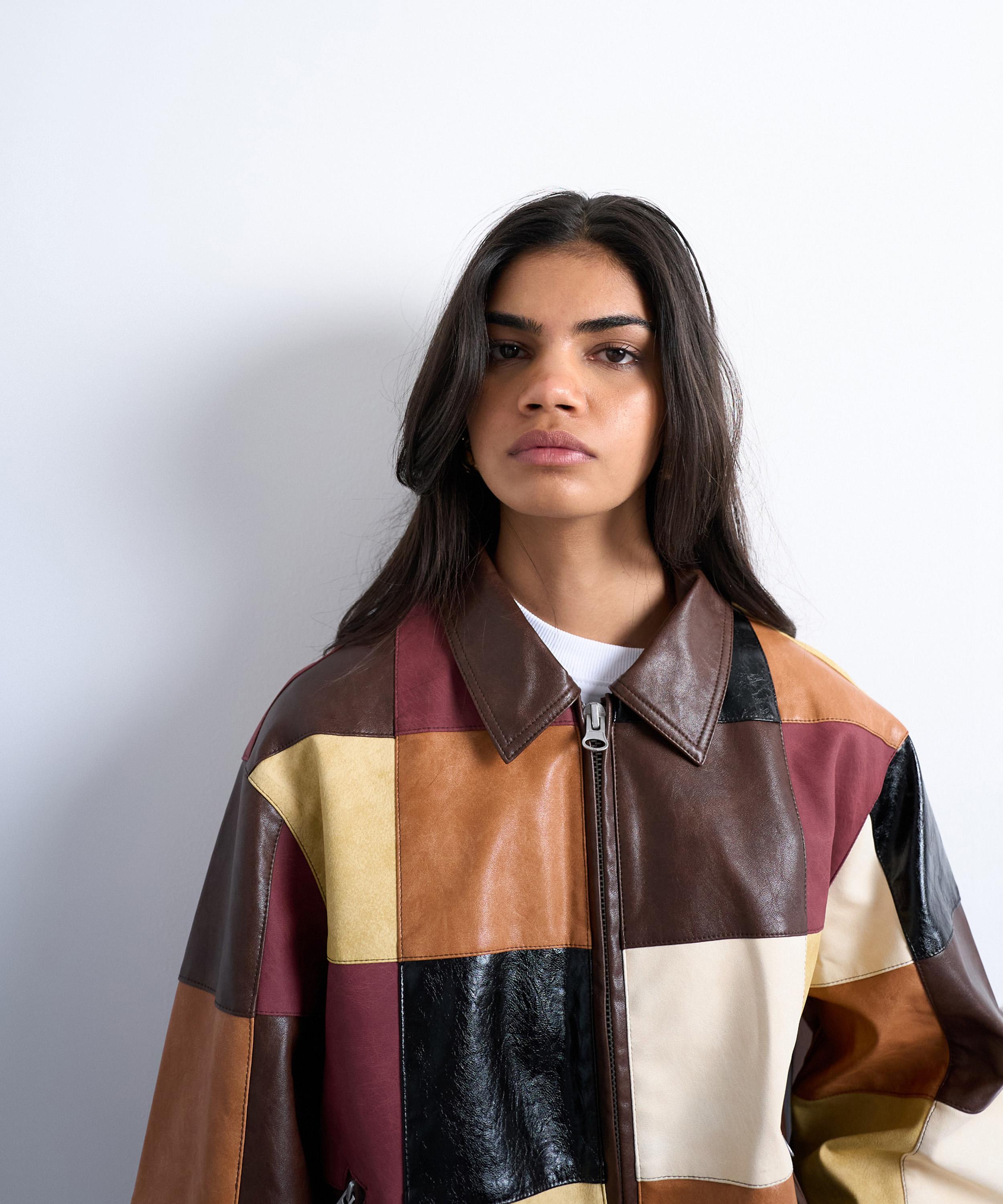 TOPSHOP - Faux Leather Patchwork Zip Jacket image number 2