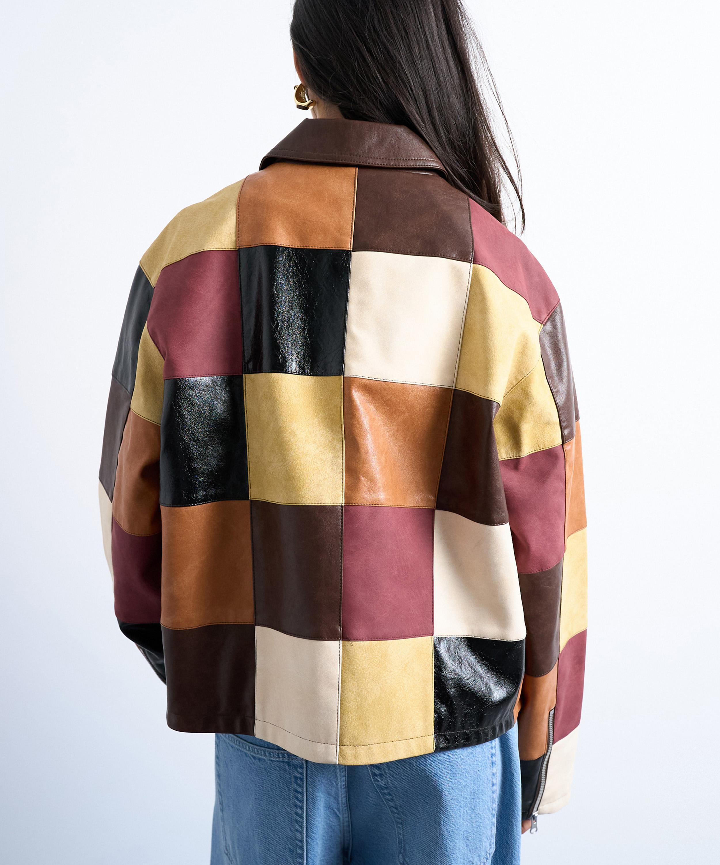 TOPSHOP - Faux Leather Patchwork Zip Jacket image number 3