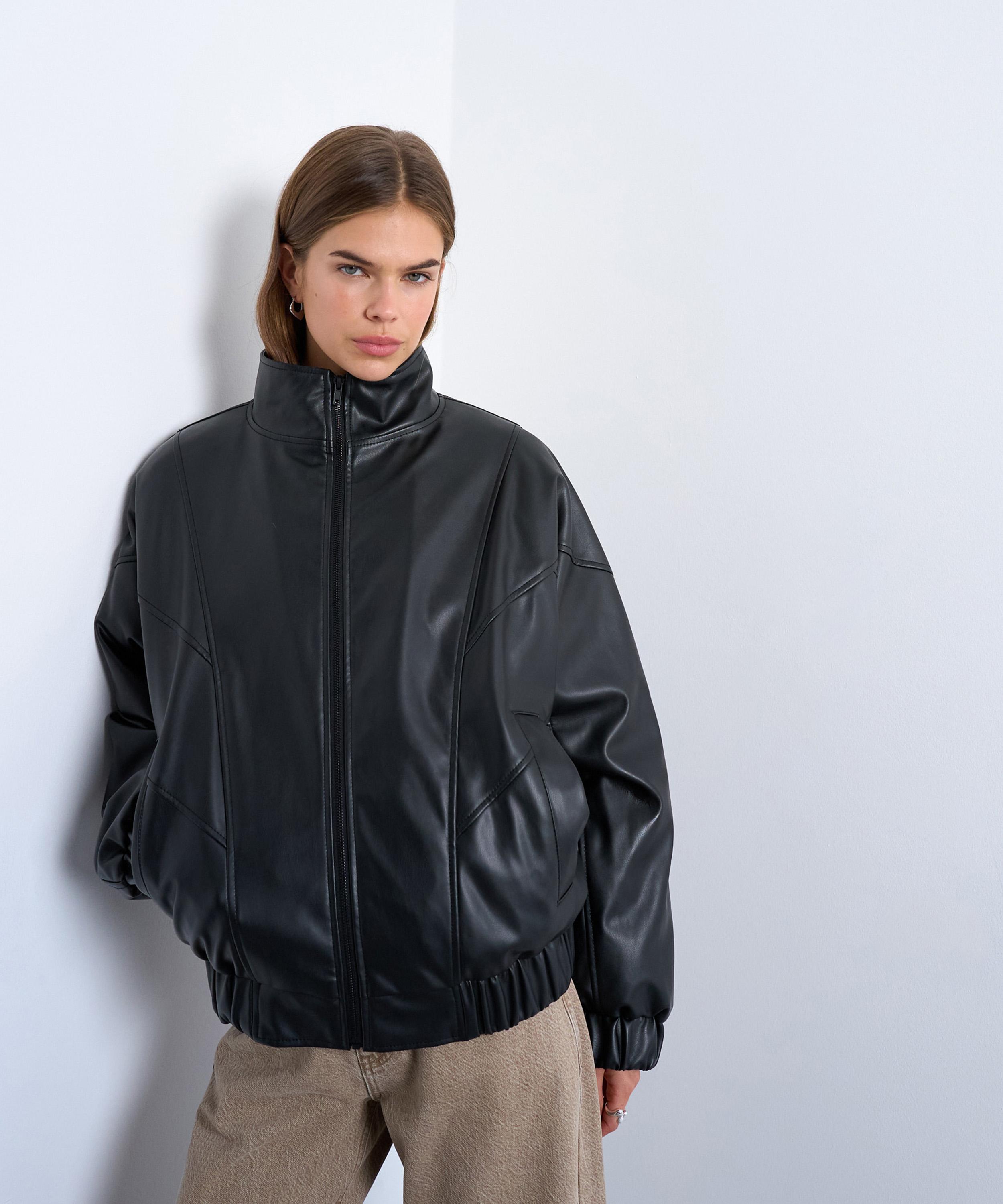 TOPSHOP - Black Faux Leather Seam Detail Bomber Jacket image number 0