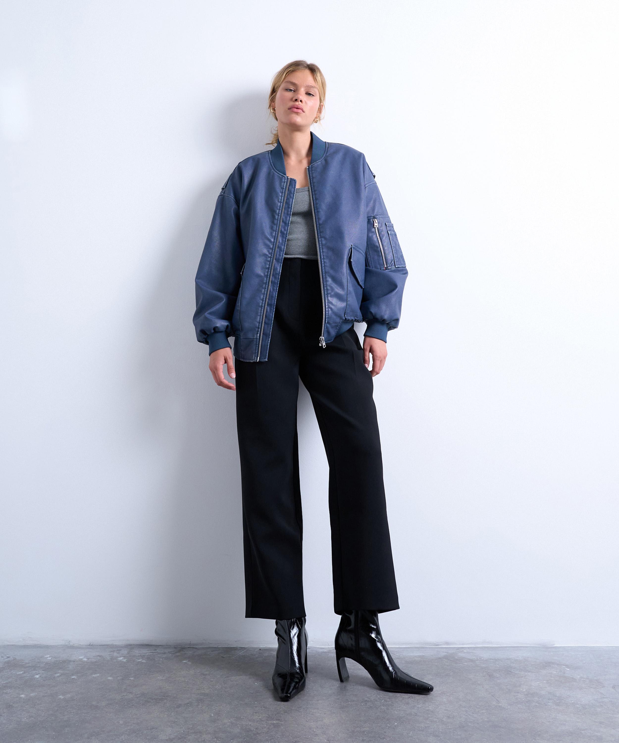 TOPSHOP - Blue Faux Leather MA1 Bomber Jacket image number 0