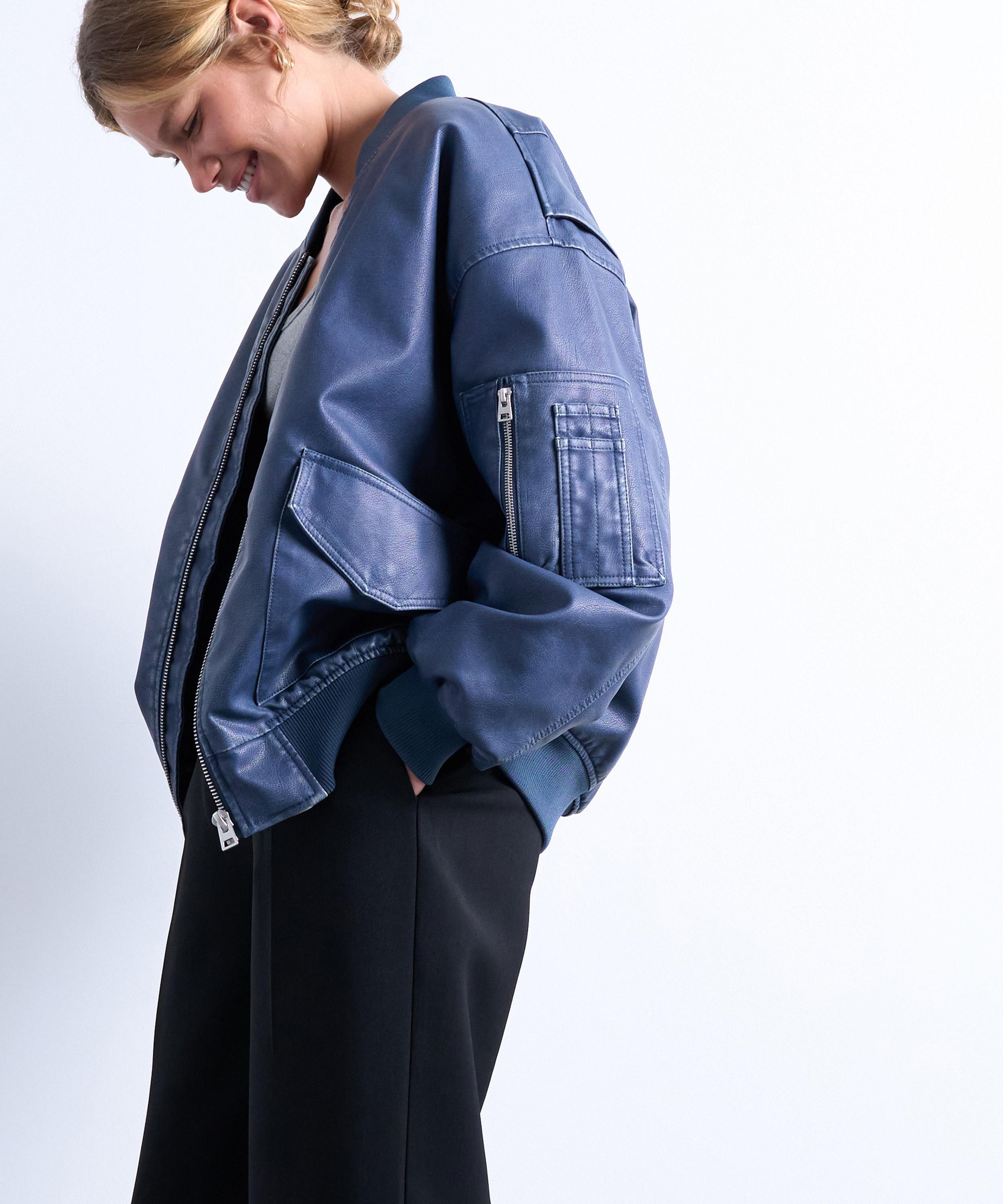 TOPSHOP - Blue Faux Leather MA1 Bomber Jacket image number 2