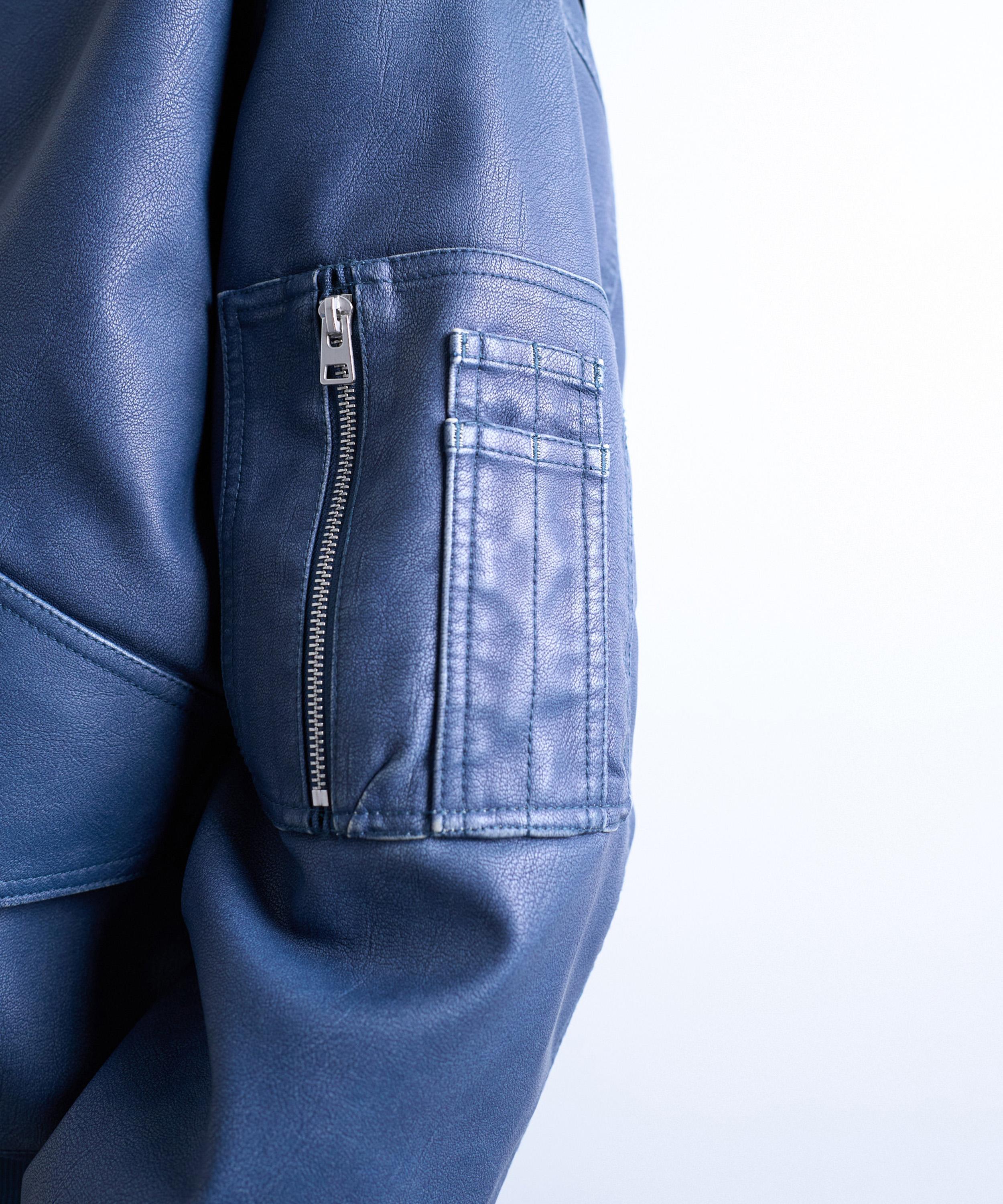 TOPSHOP - Blue Faux Leather MA1 Bomber Jacket image number 3