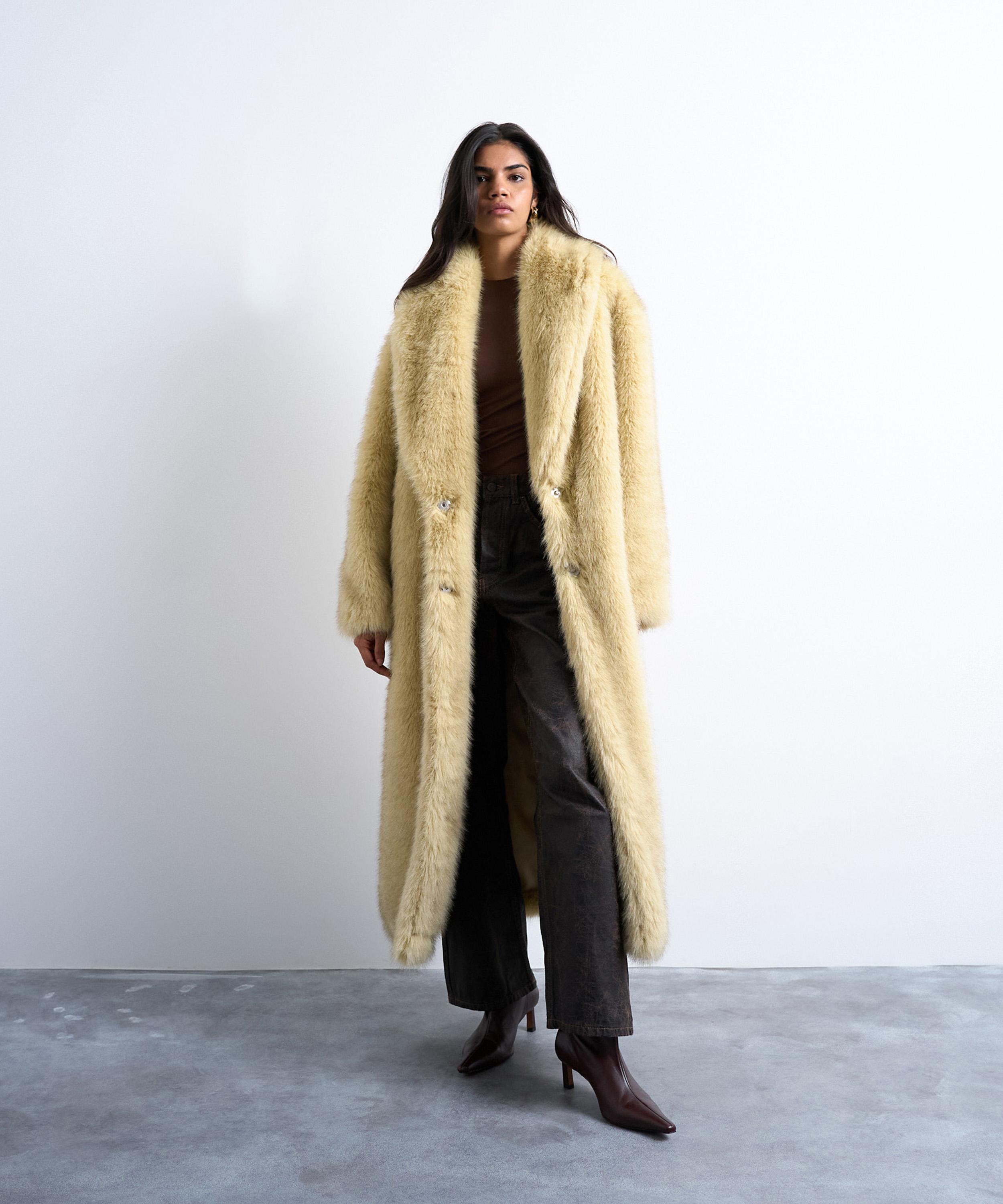 TOPSHOP - Yellow Faux Fur Super-Long Coat image number 0